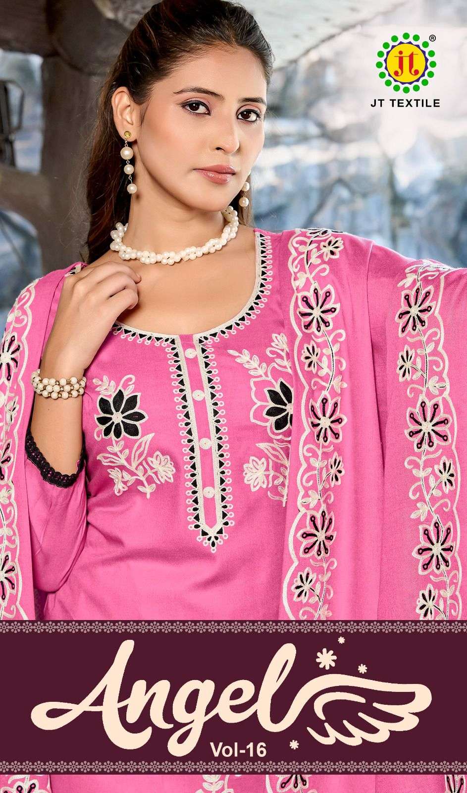 JT ANGEL VOL 16 RAYON FANCY EMBROIDERY WITH LACE WORK SUIT