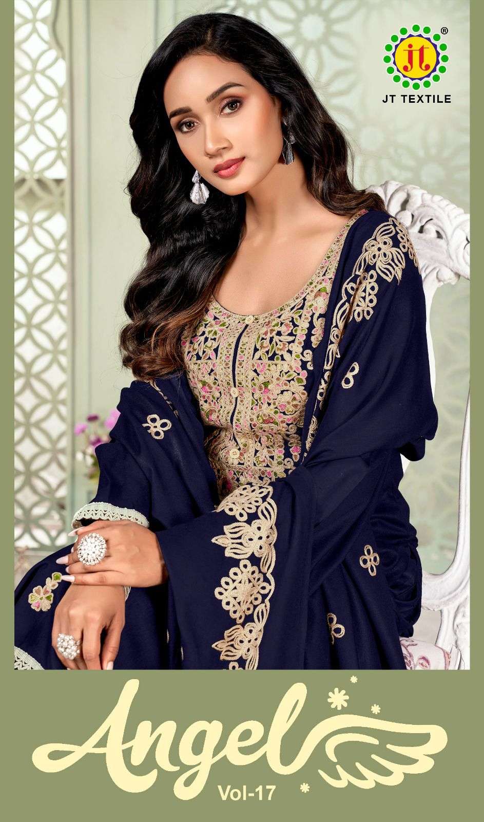 JT ANGEL VOL 17 RAYON FANCY EMBROIDERY WITH LACE WORK SUIT