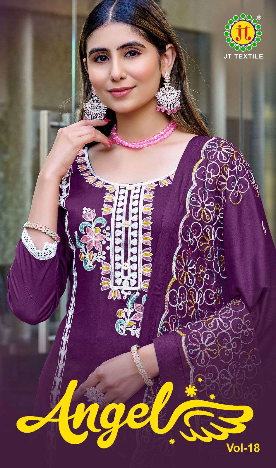 JT ANGEL VOL 18 RAYON FANCY EMBROIDERY WITH LACE WORK SUIT