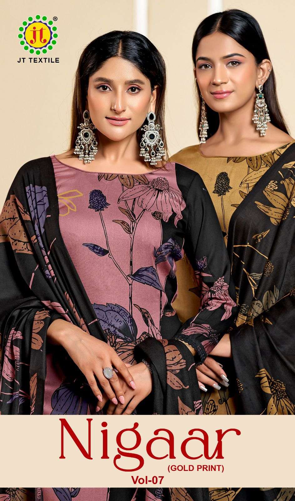 JT NIGAAR VOL 7 RAYON GOLD PRINT WITH FANCY LACE WORK SUIT