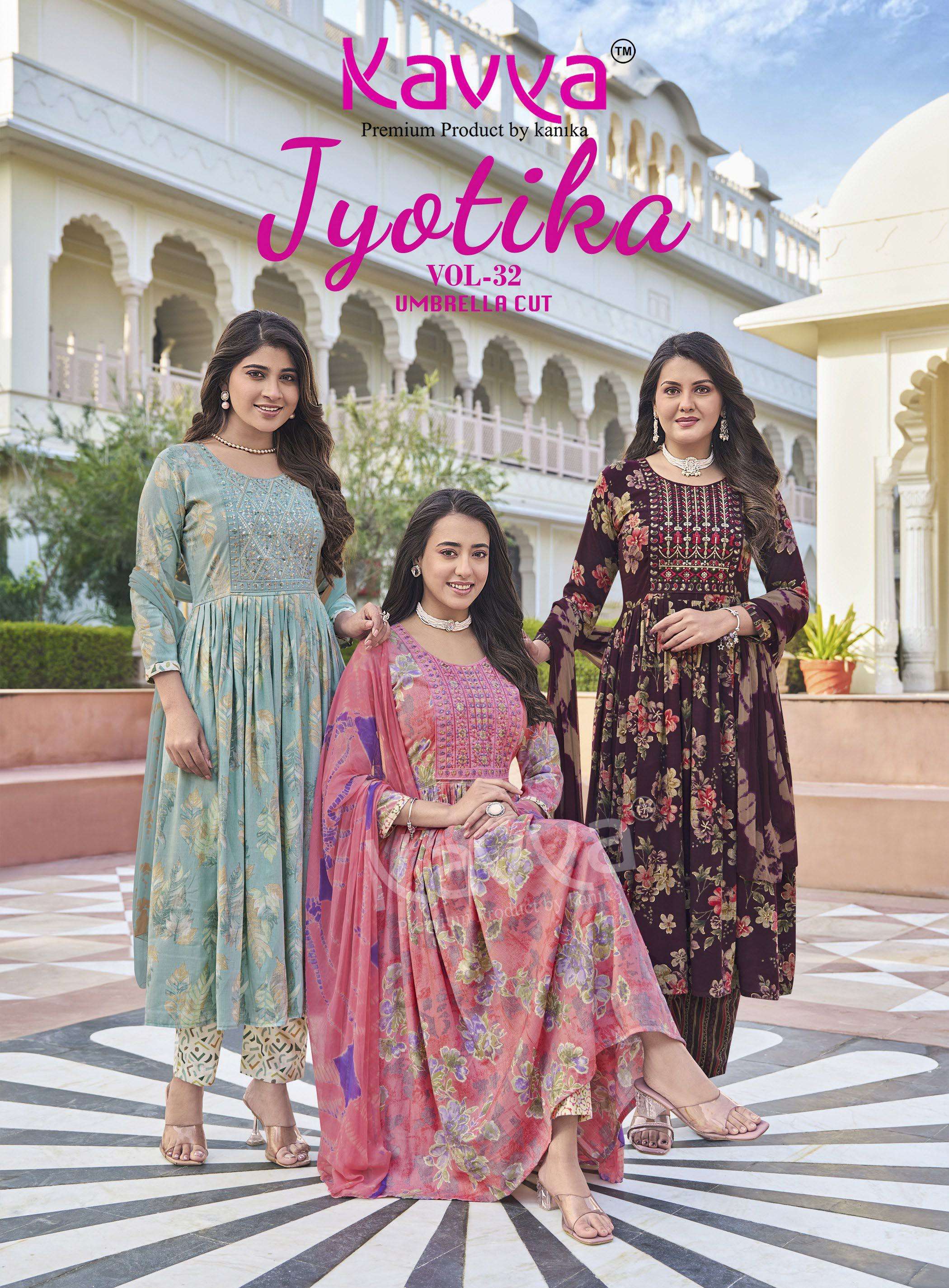 KAVYA JYOTIKA VOL 32 CAPSULE FOIL PRINT ANARKALI STYLE LADIES KURTI BOTTOM AND DUPATTA SET 