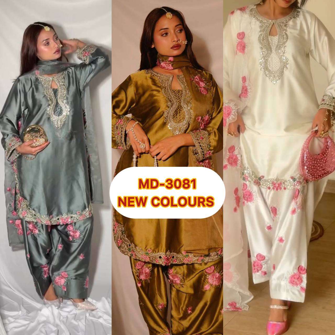 MD 3081 SATIN WITH EMBROIDERY DESIGNER WORK PARTY WEAR LADIES SUIT