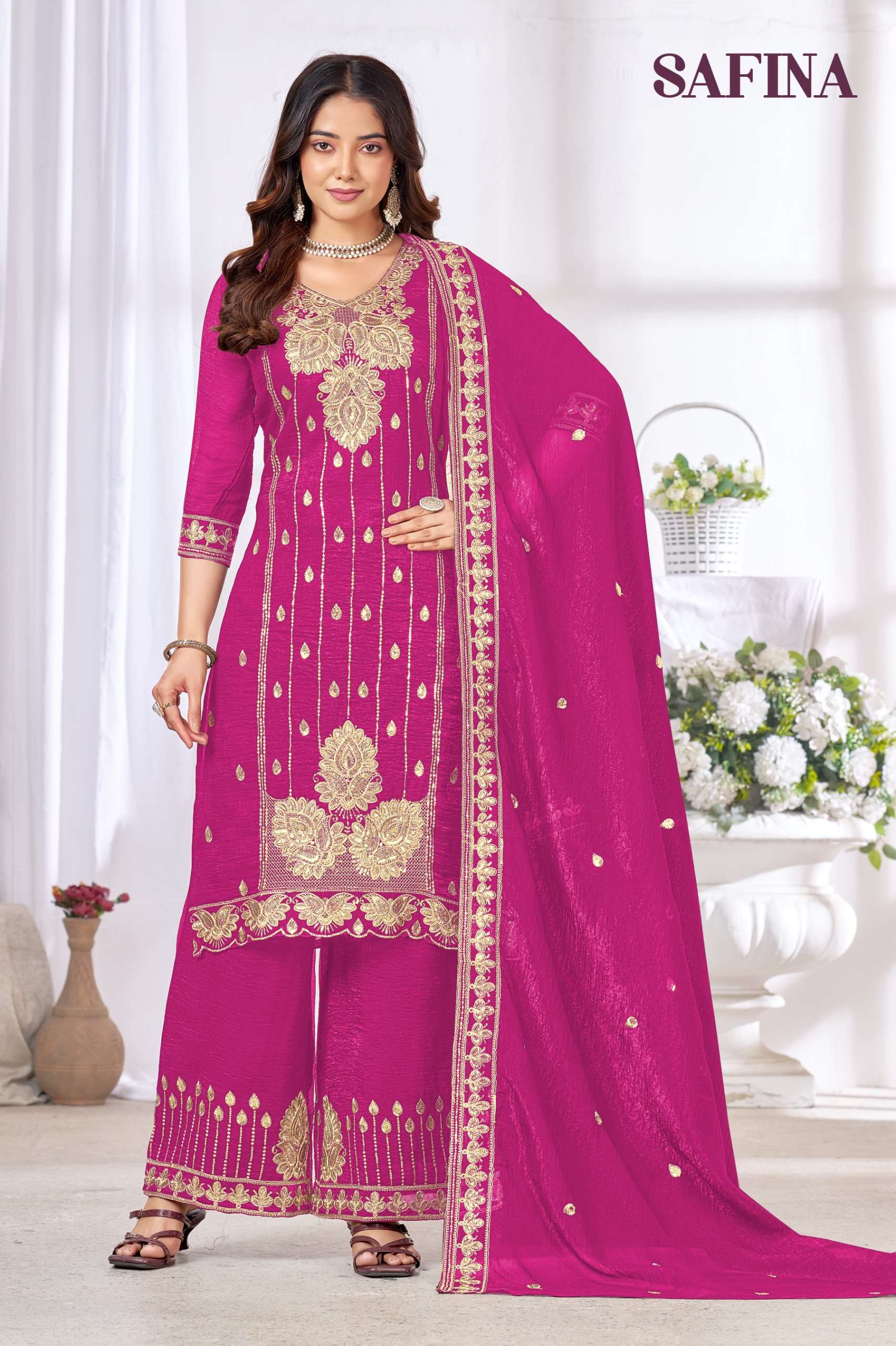 MUKESH SAFINA CHINON HEAVY EMBROIDERED DESIGNER READY MADE LADIES SUIT
