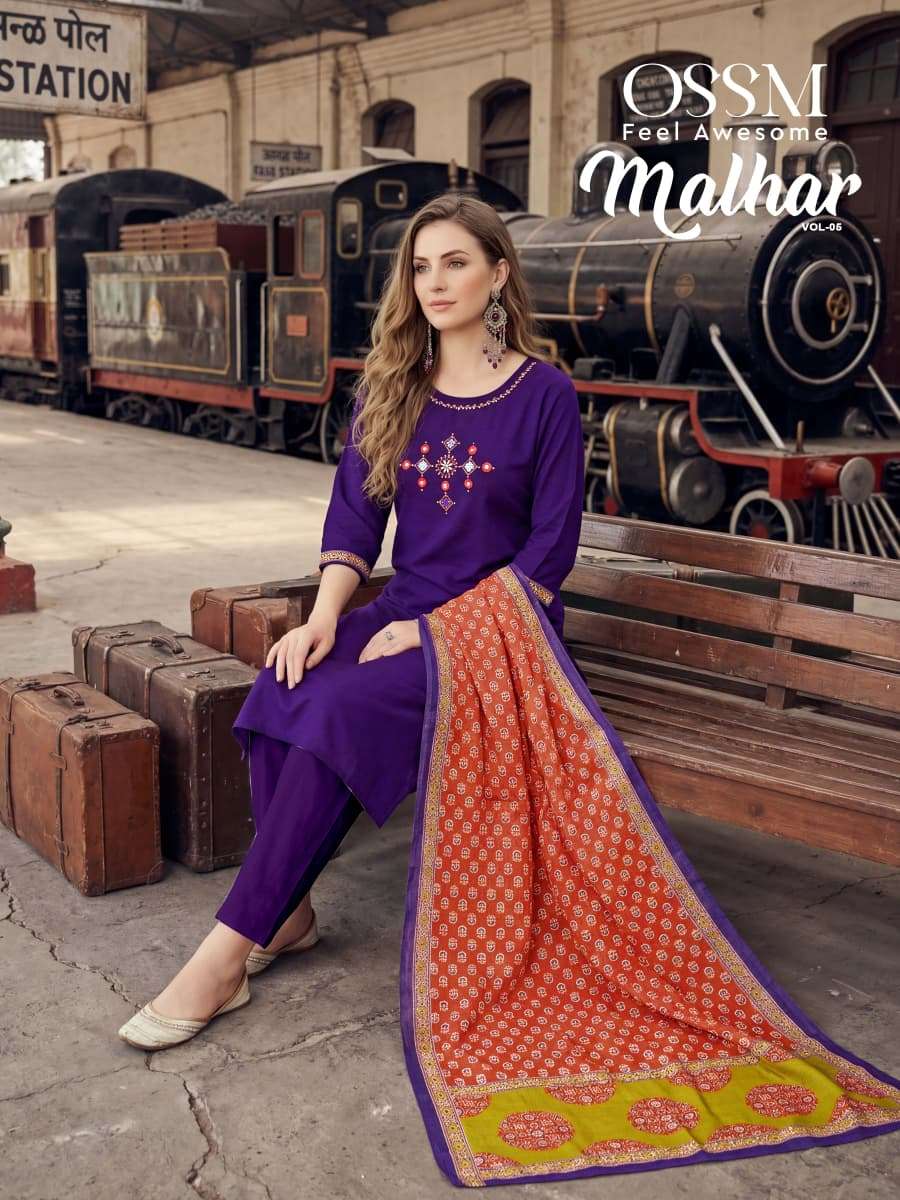 OSSM MALHAR VOL 5 COTTON FANCY EMBROIDERY WORK LADIES KURTI BOTTOM AND DUPATTA SET 
