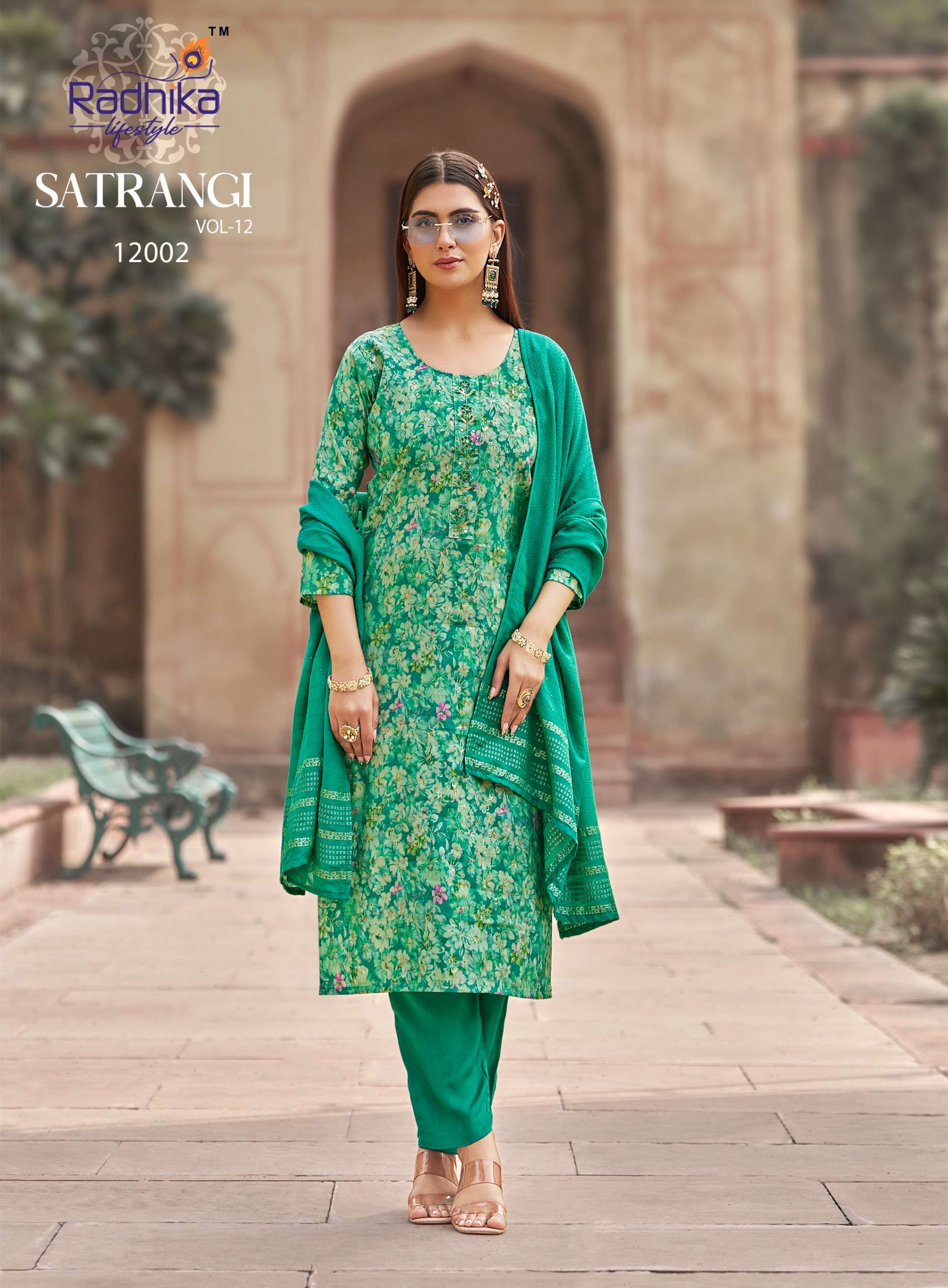 RADHIKA LIFE STYLE SATRANGI VOL 12 ROMAN SILK PRINT WITH FANCY KURTI PANT WITH DUPATTA SET 