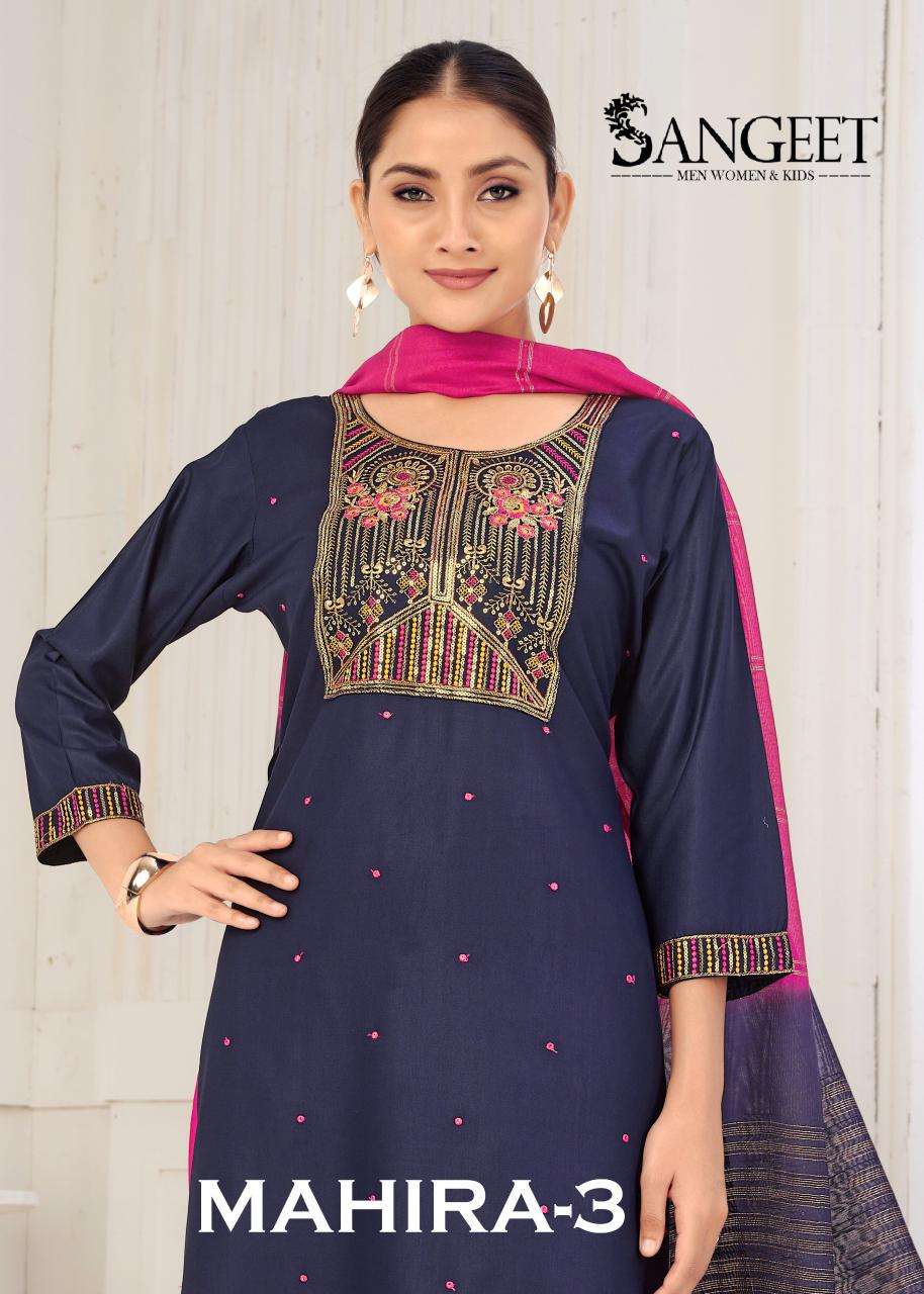 SANGEET MAHIRA VOL 3 RAYON FANCY EMBROIDERY WORK LADIES 3PIECE SET COLLECTION 