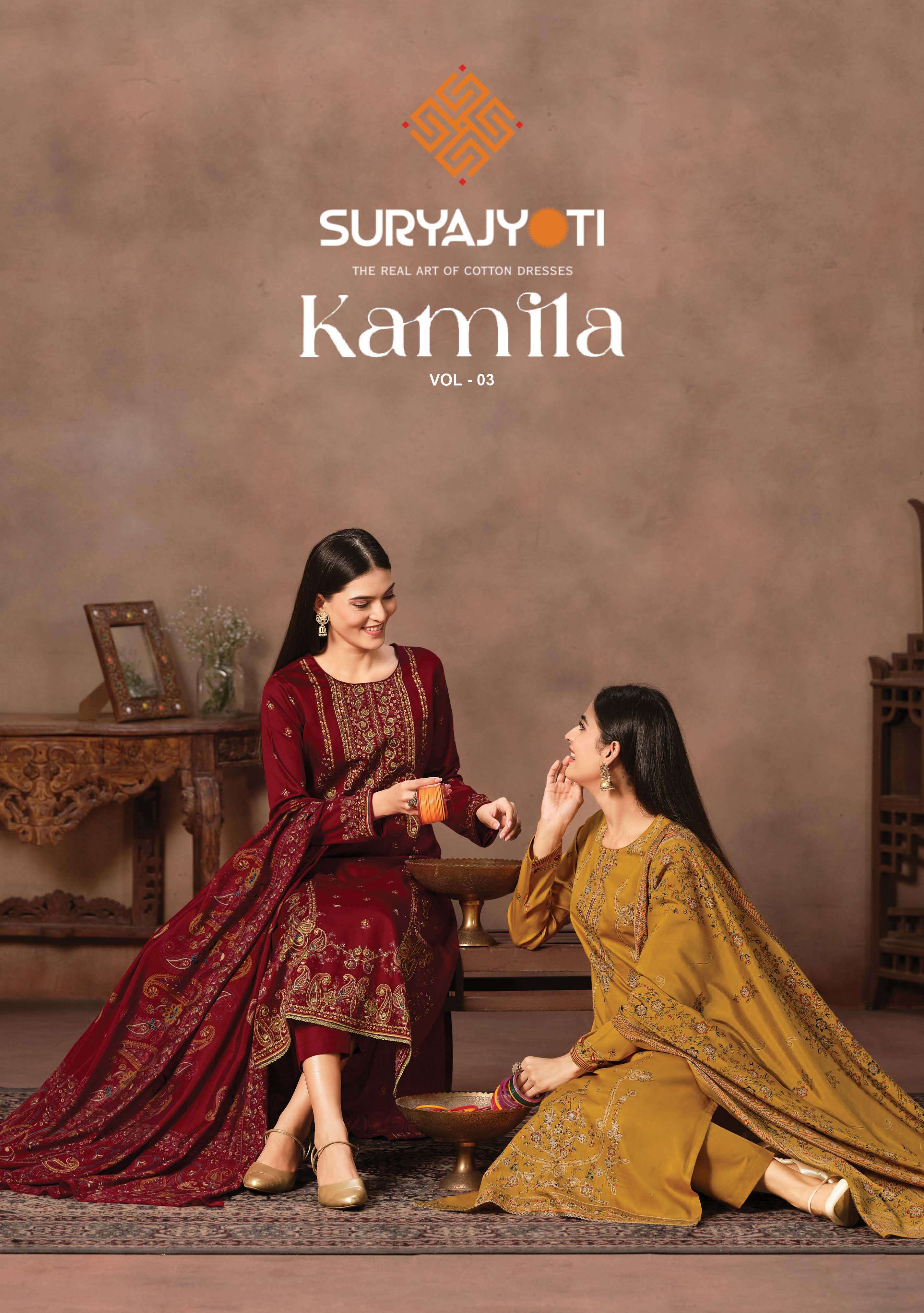 SURYAJYOTI KAMILA VOL 3 JAM SATIN PRINT WITH SWAROVSKI WORK SUIT