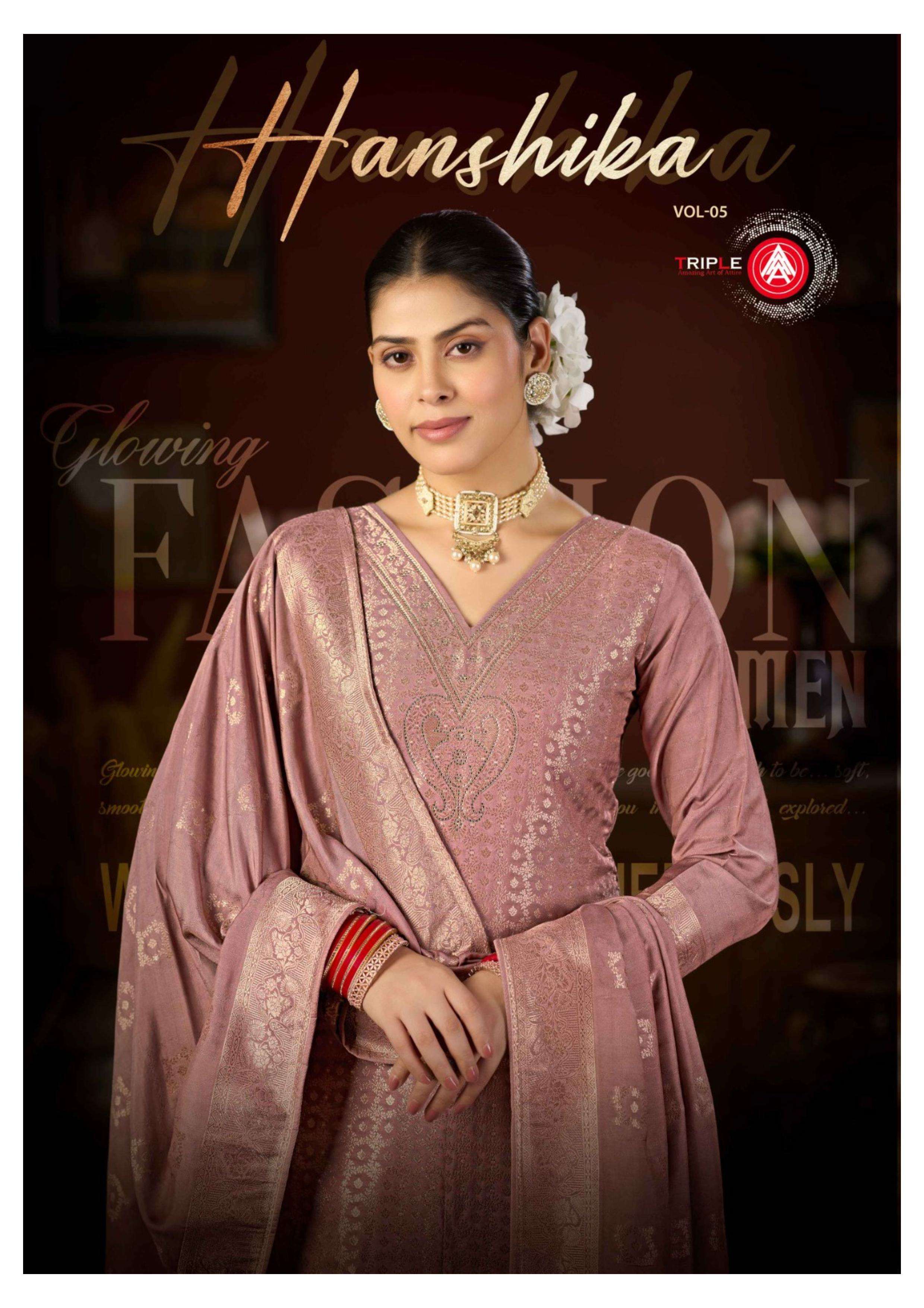 TRIPLE HANSHIKA VOL 5 LIGHT COLOUR EDITION MUSLIN JACQUARD WORK SUIT