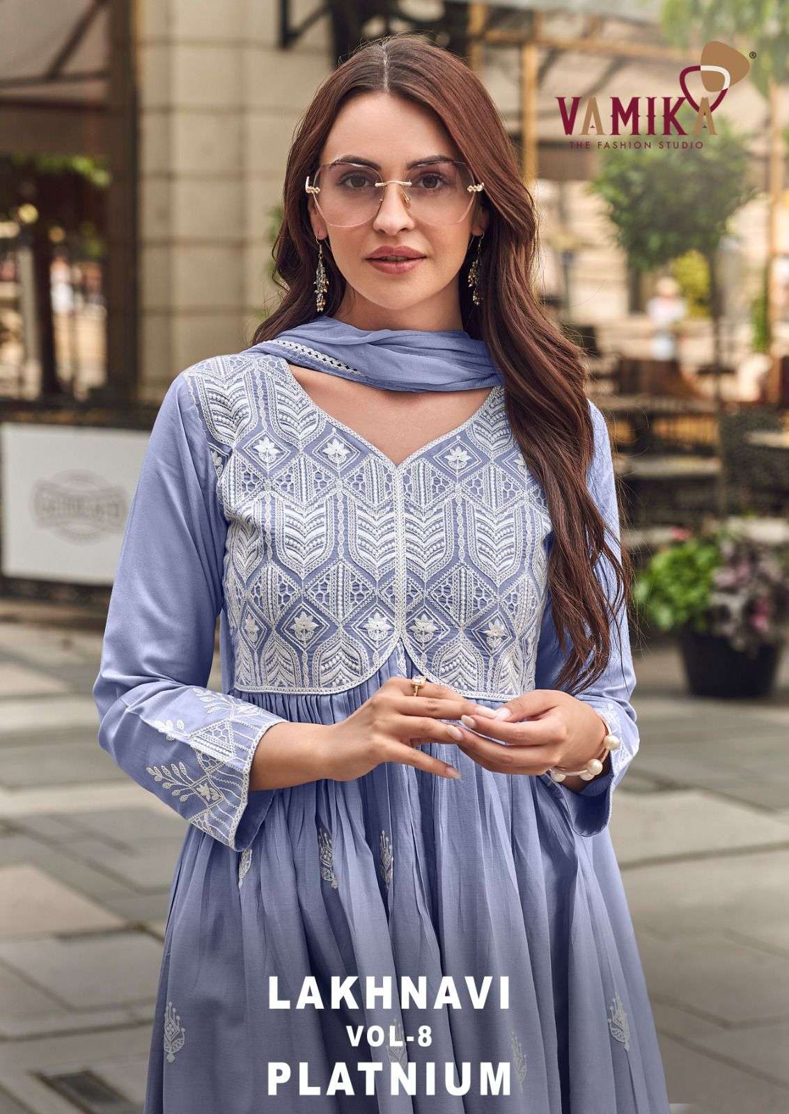 VAMIKA LAKHNAVI VOL 8 PLATINUM RAYON FANCY LUCKNOWI WORKS LADIES 3PCS SET COLLECTION 