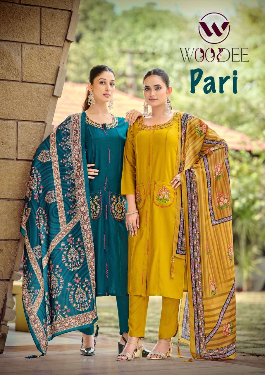 WOODEE PARI RAYON FANCY WORKS LADIES KURTI PANT WITH DUPATTA SET 