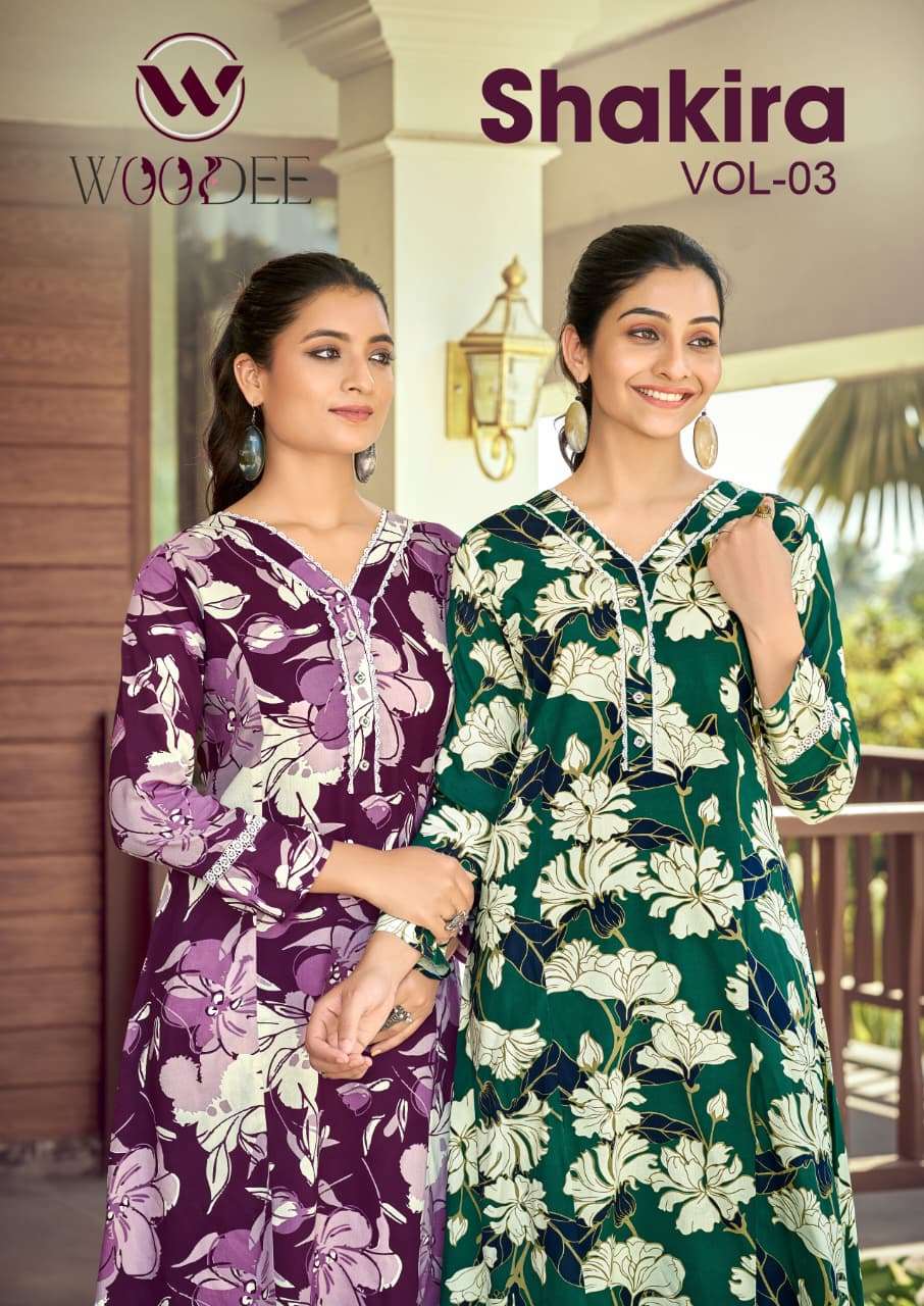 WOODEE SHAKIRA VOL 3 RAYON FANCY A LINE PATTERN KURTI WITH PANT SET