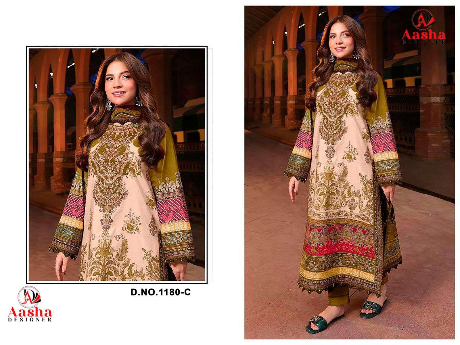 AASHA DESIGNER DESIGN NO - 1180 PURE COTTON PRINT HEAVY EMBROIDERED PATCH PAKISTANI SALWAR SUIT