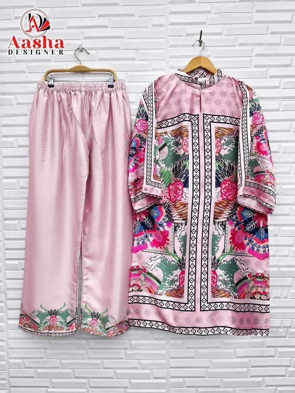 AASHA DESIGNER TURKISH CORD SET SATIN PRINT KURTI WITH BOTTOM PAIR 