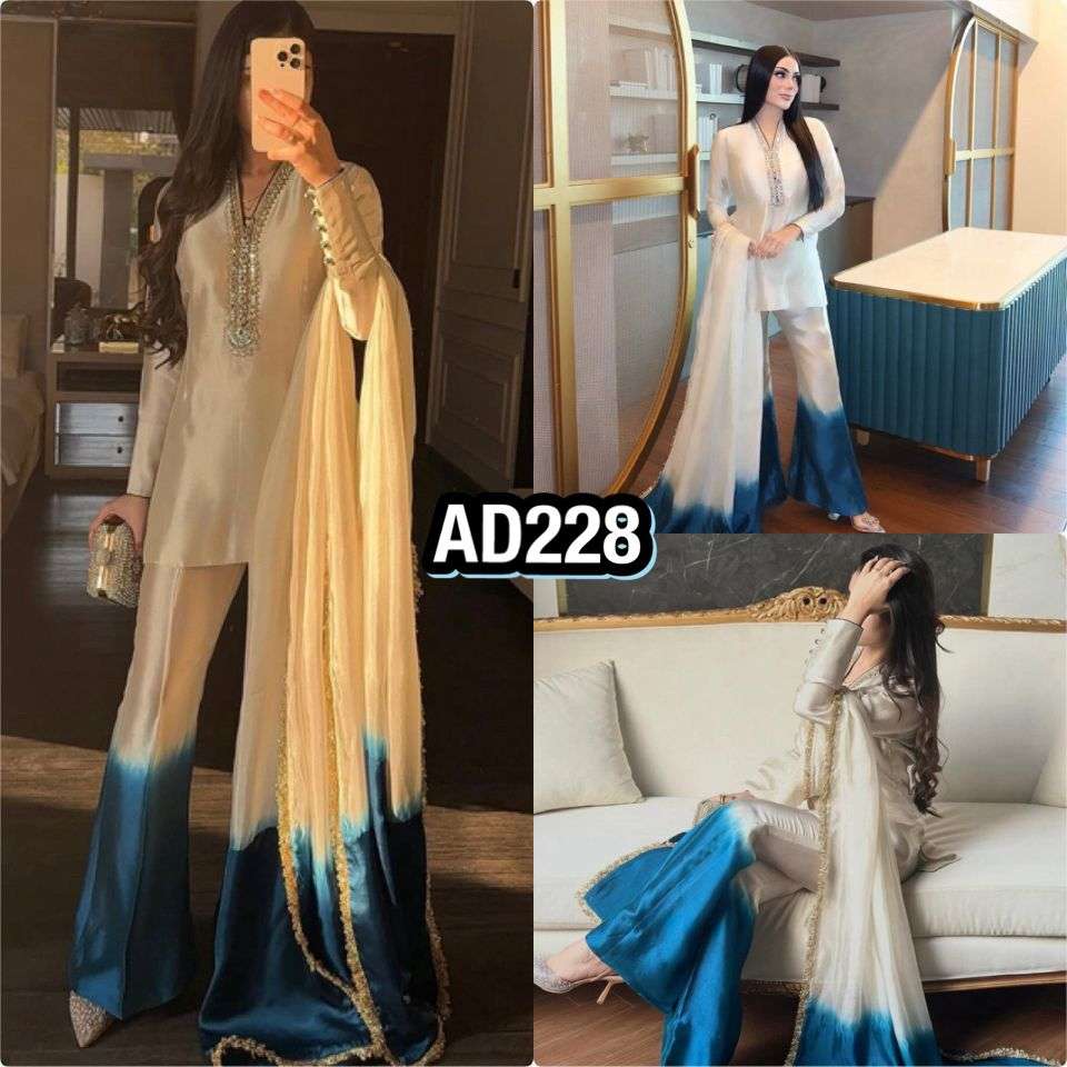 AD 228 SHADED FABRIC PREETY PARTY WEAR LOOK DESIGNER LADIES TOP PLAZZO AND DUPATTA SET 