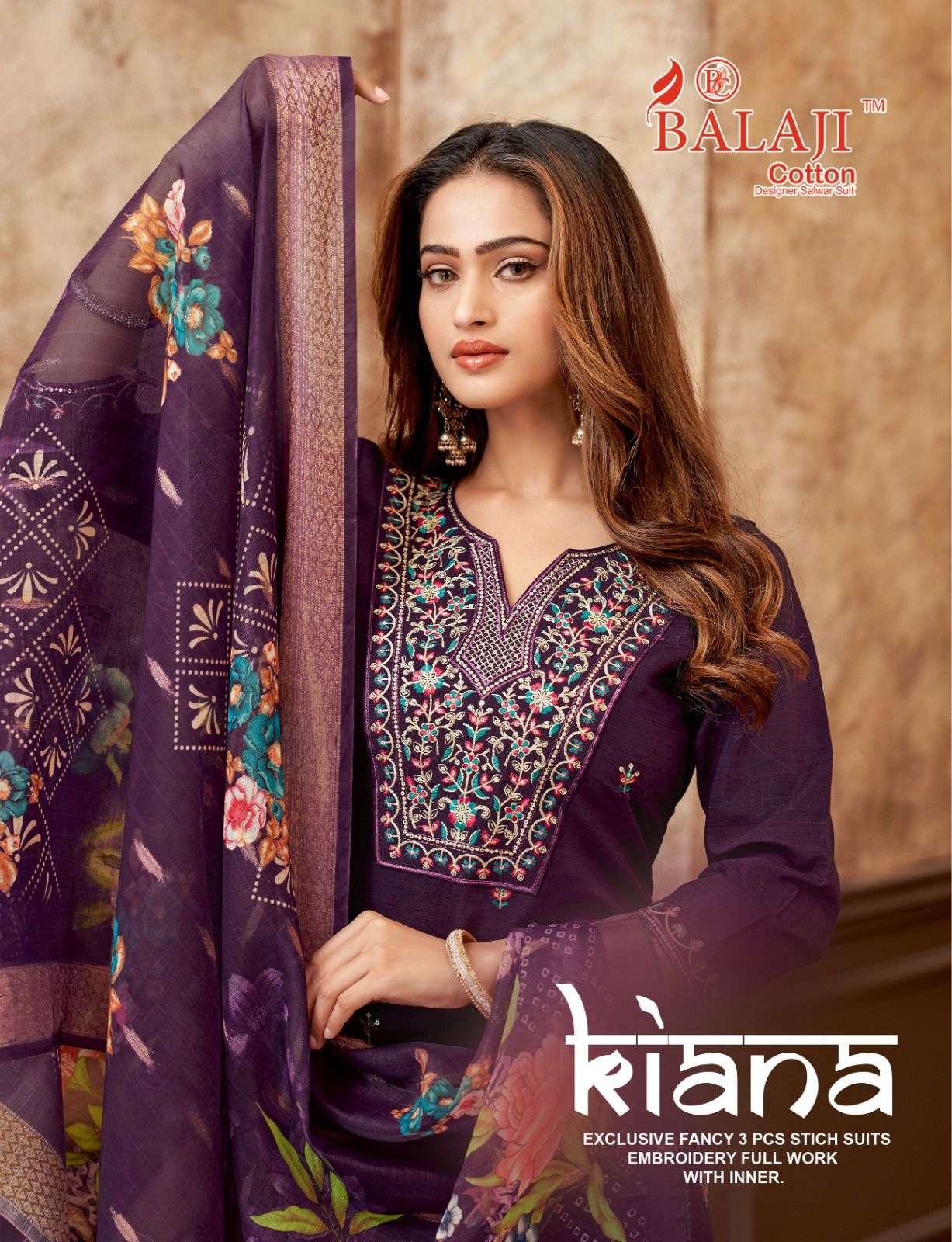BALAJI COTTON KIANA SILK EMBROIDERY DESIGNER WORK LADIES 3PCS SET COLLECTION 