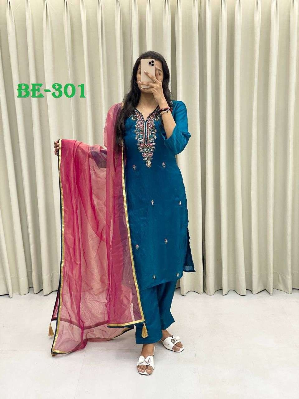 BE 301 SILK FANCY HAND WORKS LADIES KURTI PANT WITH DUPATTA SET 