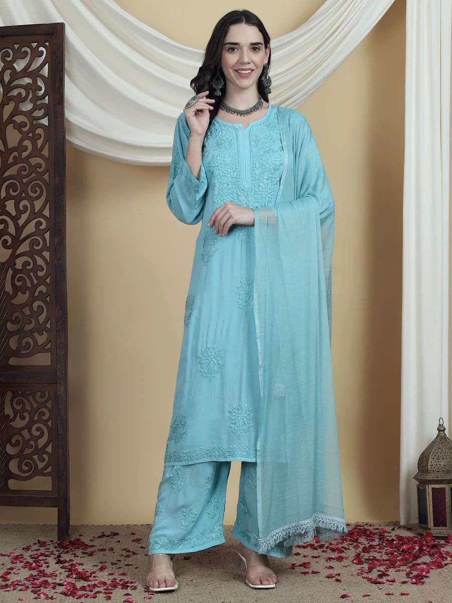 BE 458 RAYON FANCY CHIKANKARI WORK LADIES SUIT