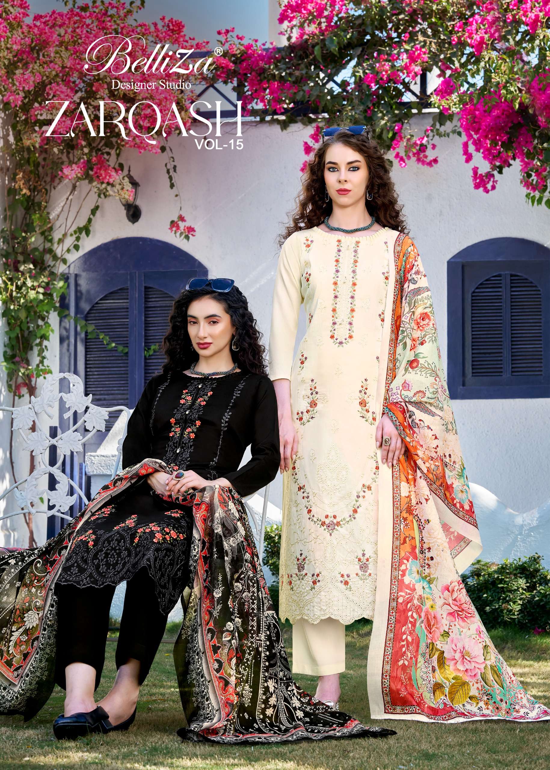 BELLIZA DESIGNER STUDIO ZARQASH VOL 15 JAM COTTON FANCY EMBROIDERY WORK SUITS 