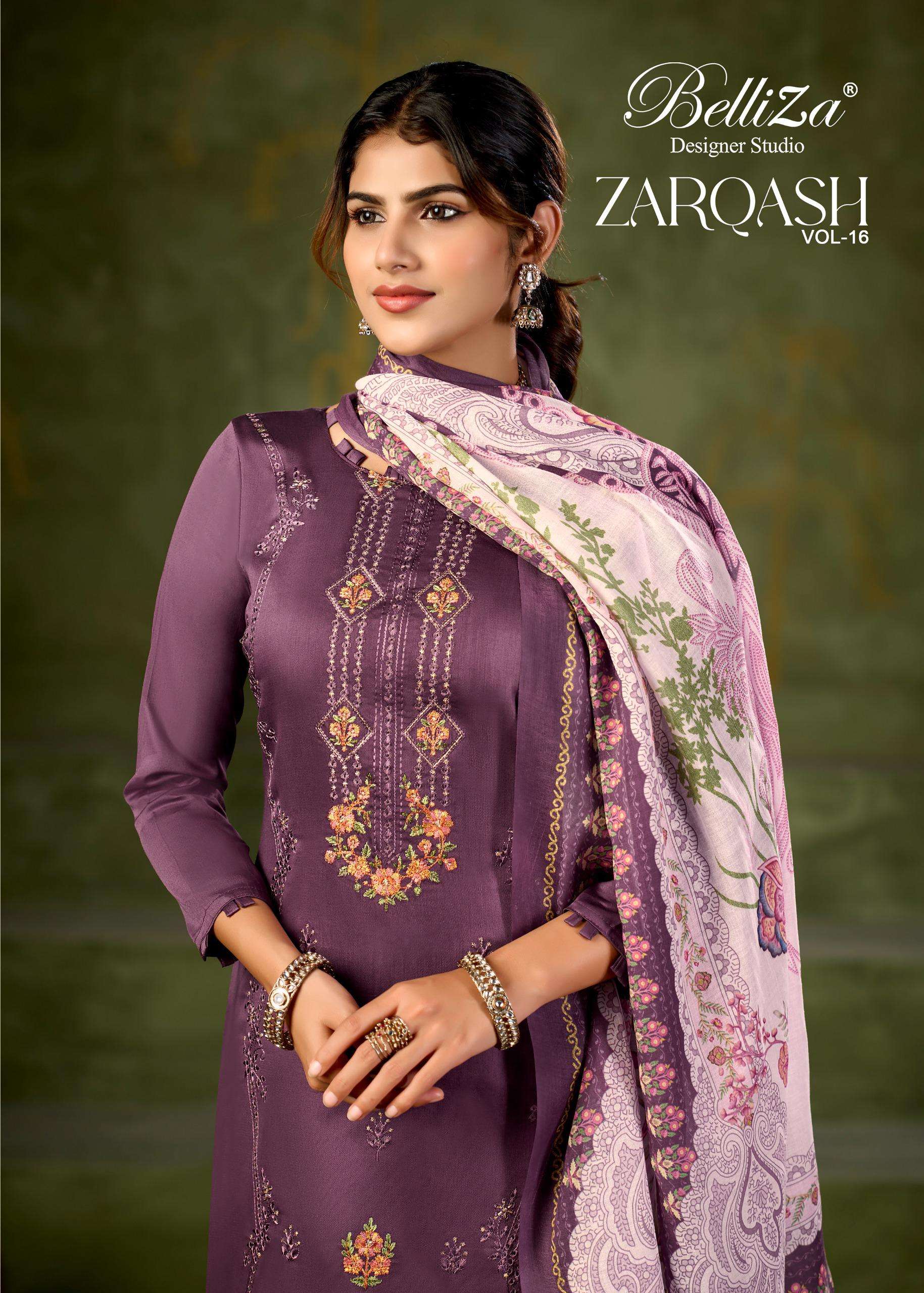 BELLIZA DESIGNER STUDIO ZARQASH VOL 16 JAM COTTON FANCY EMBROIDERY WORK SUITS	