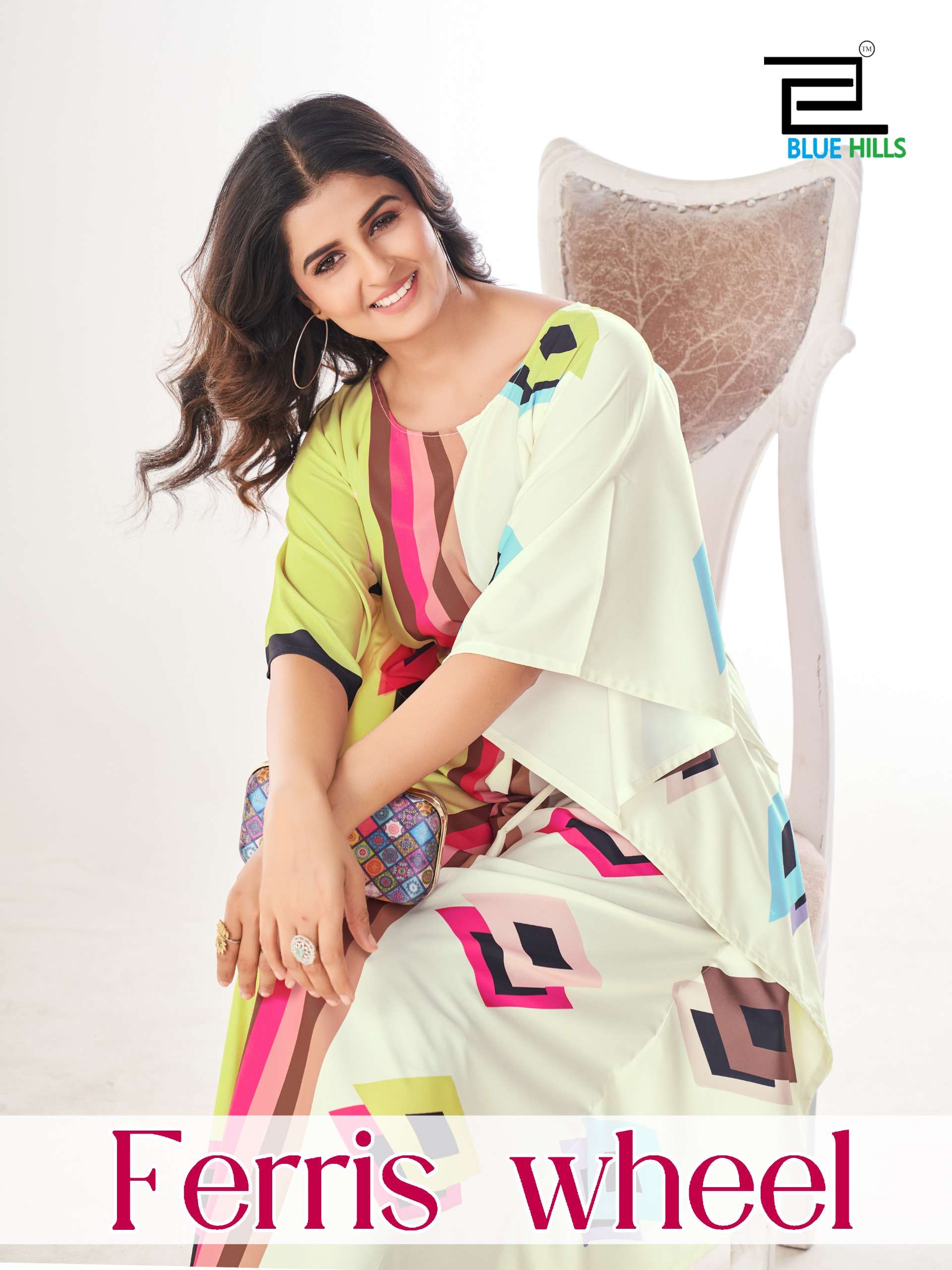 BLUE HILLS FERRIS WHEEL CREPE COLOURFUL PRINT LADIES KATAN
