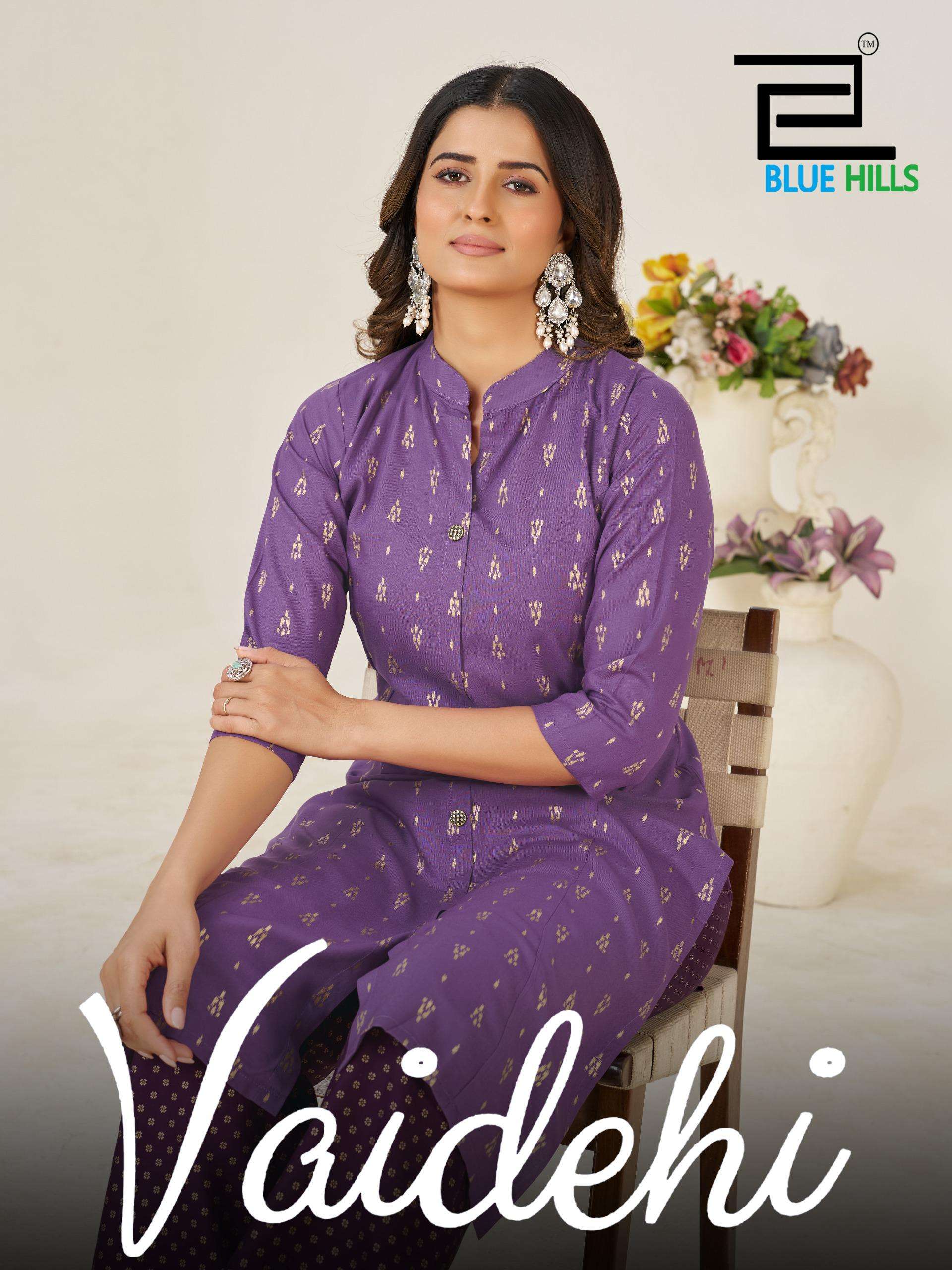 BLUE HILLS VAIDHEHI RAYON FOIL PRINT PRINCESS CUT STYLE KURTI WITH BOTTOM PAIR 