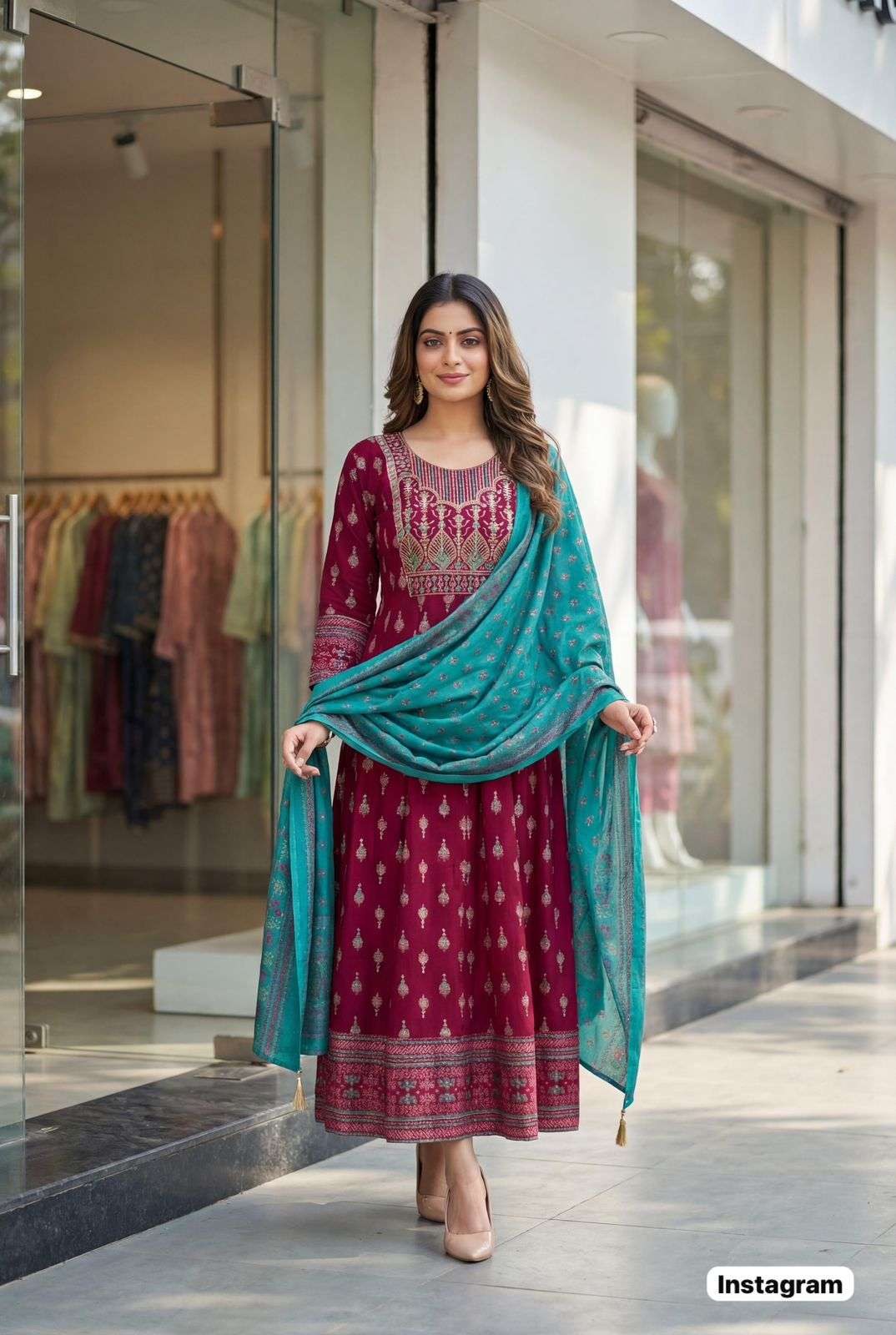 INLI INSTAGRAM RAYON EMBROIDERY WORK LADIES GOWN WITH DUPATTA SET 