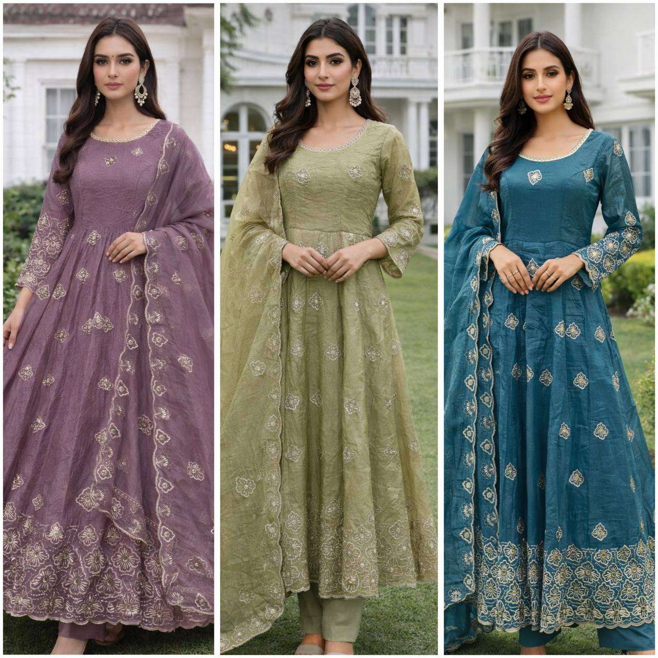 JD 642 SILK EMBROIDERY DESIGNER WORK ANARKALI GOWN 3PCS SET COLLECTION 