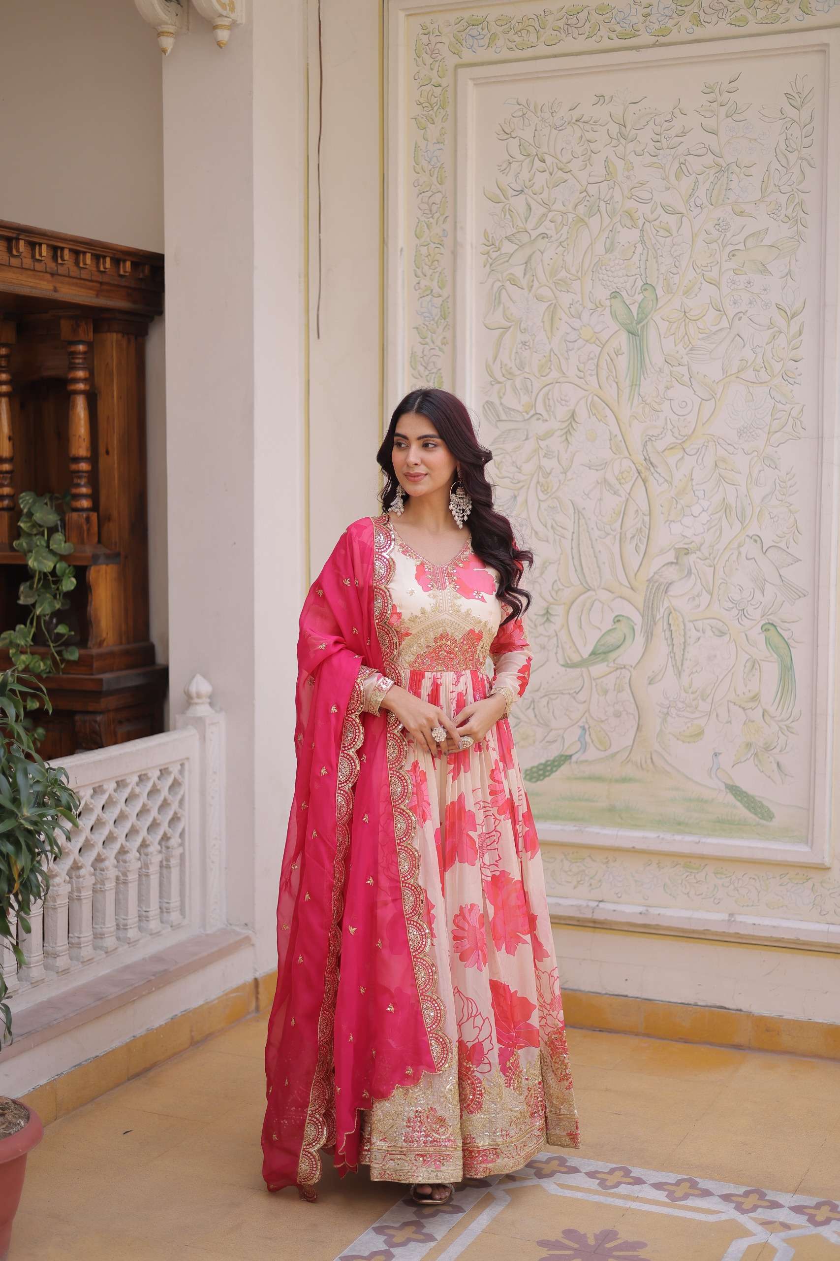 KA 1242 SILK DIGITAL PRINT SEQUENCE EMBROIDERY WORK GOWN WITH DUPATTA SET 
