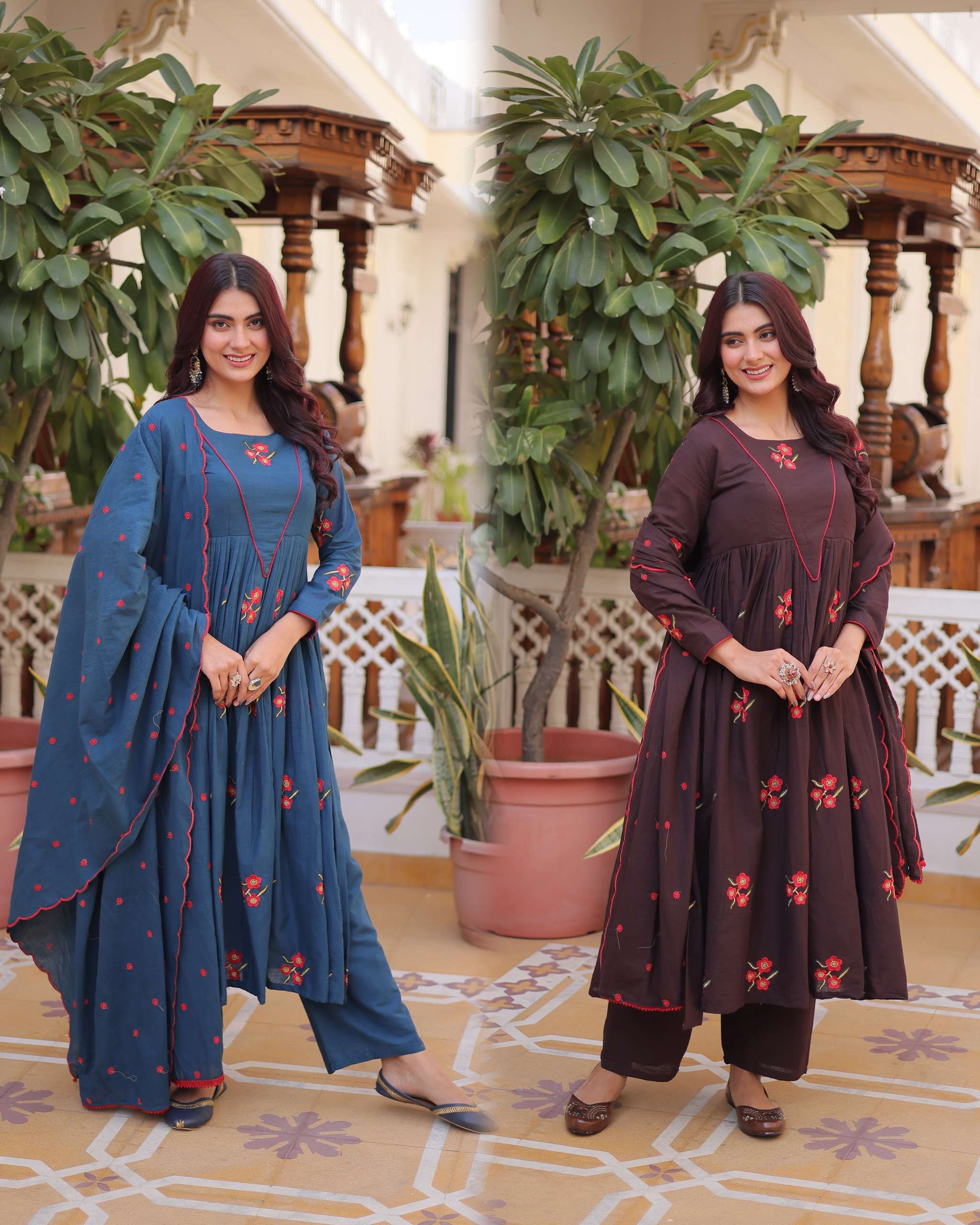 KA 1245 COTTON EMBROIDERY WORK PARTY WEAR LADIES KURTI WITH PANT & DUPATTA SET