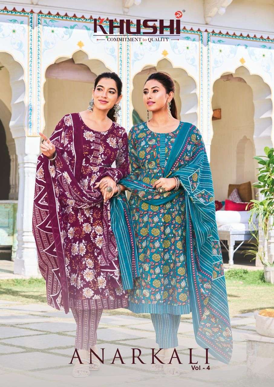 KHUSHI ANARKALI VOL 4 COTTON PRINTED LADIES KURTI PANT WITH DUPATTA SET 