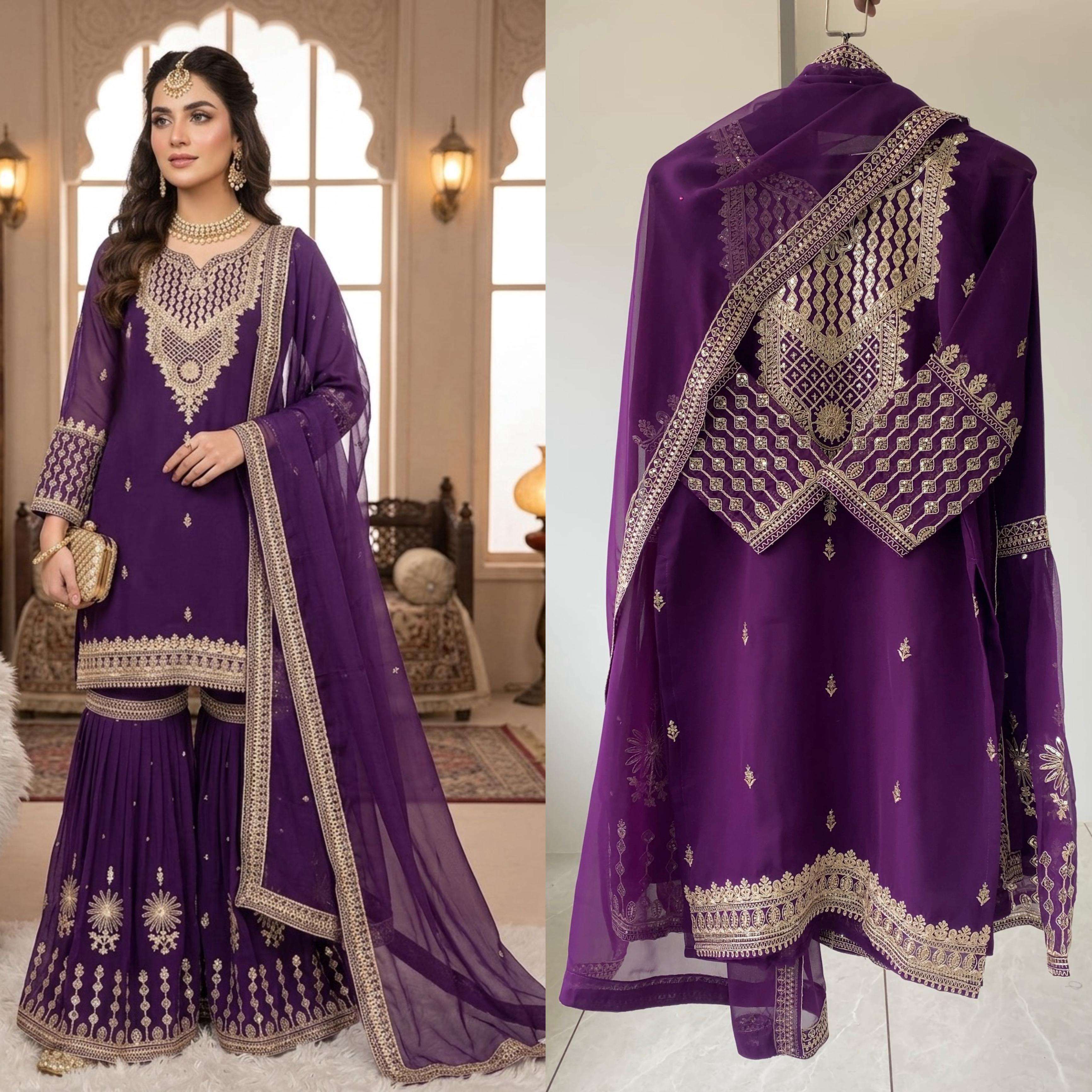 LG 2085 GEORGETTE SEQUENCE EMBROIDERED WORKED TOP SARARA AND DUPATTA SET