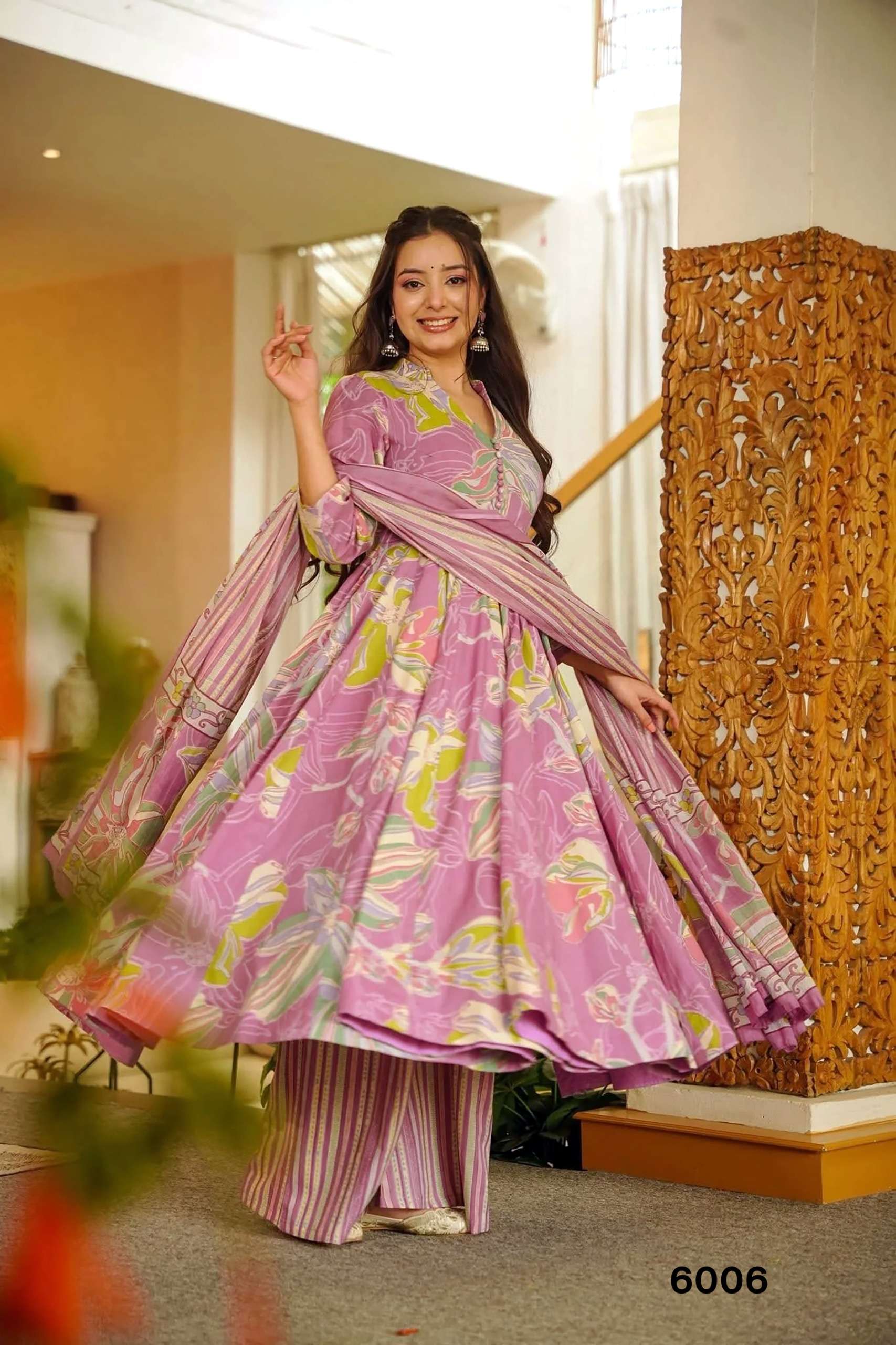 MF VYOMA VOL 6 MUSLIN DIGITAL PRINTED FANCY LONG GOWN KURTI WITH BOTTOM AND DUPATTA