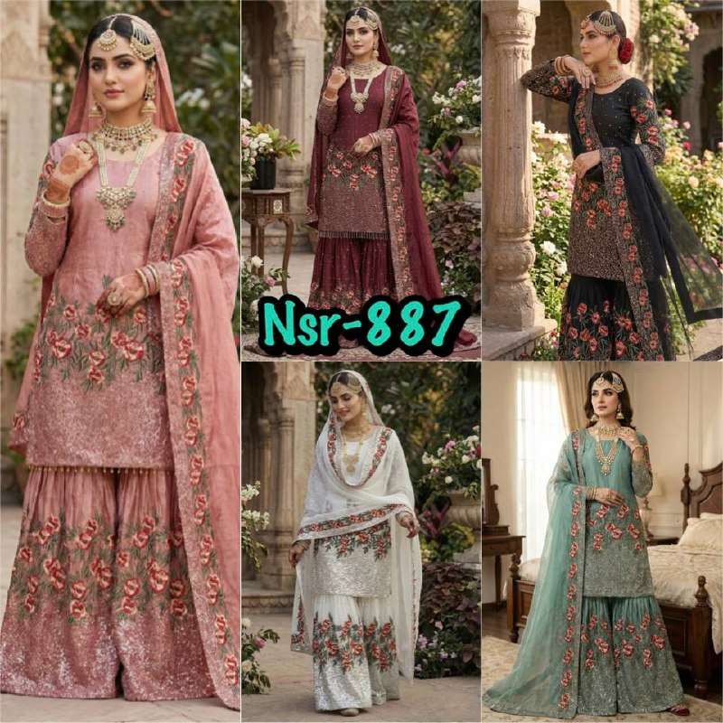 NSR 887 SILK HEAVY EMBROIDERD DESIGNER WEDDING WEAR SHARARA SUIT