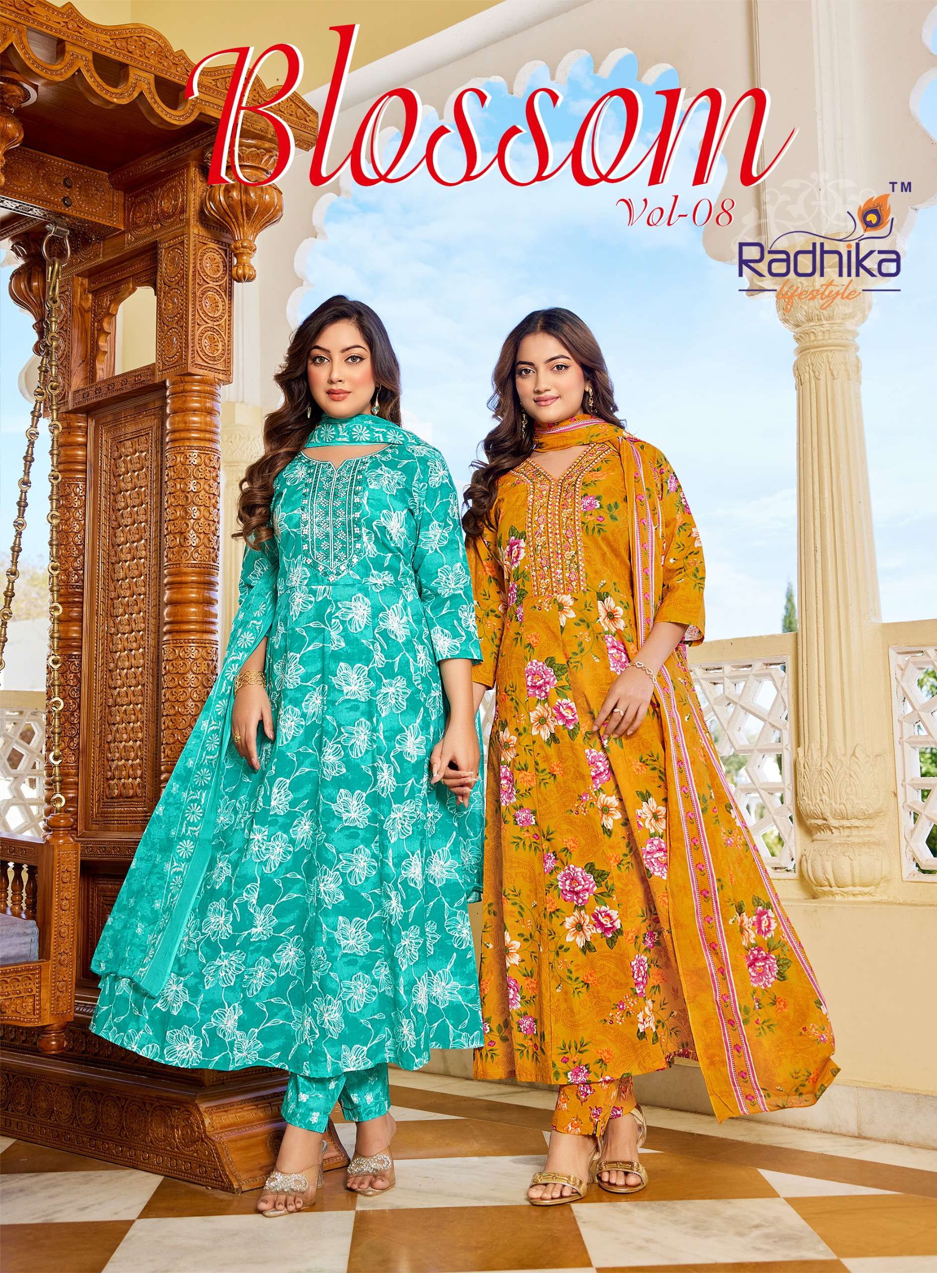 RADHIKA LIFESTYLE BLOSSOM VOL 8 COTTON PRINT FANCY WORK LADIES ANARKALI STYLE 3PCS SET COLLECTION 