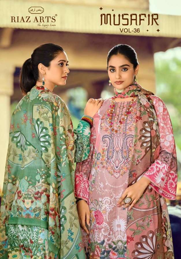 RIAZ ARTS MUSAFIR VOL 36 LAWN COTTON PRINT WITH FANCY WORK SUIT