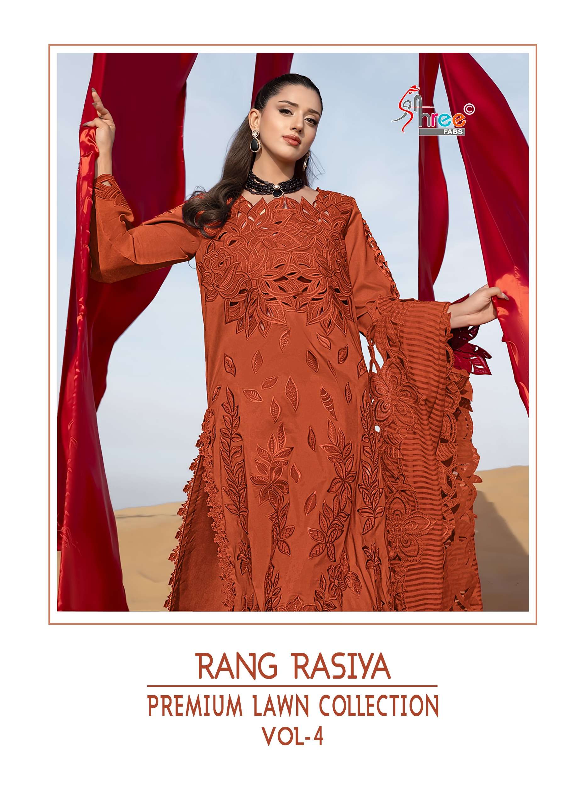 SHREE FABS RANG RASIYA PREMIUM LAWN COLLECTION VOL 4 COTTON HEAVY EMBROIDERY DESIGNER WORK SUIT