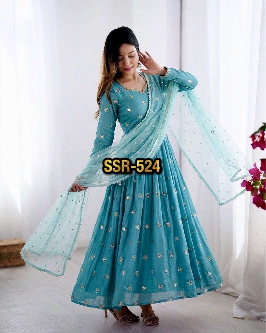 SSR 524 SILK SEQUENCE EMBROIDERY WORK ANARKALI STYLE GOWN BOTTOM AND DUPATTA SET 