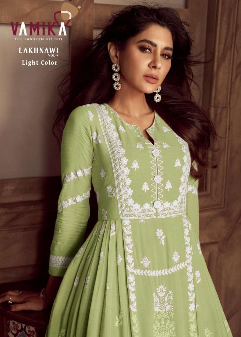 VAMIKA LAKHNAVI VOL 4 LIGHT COLOR RAYON FANCY LUCKNOWI WORKS LADIES 3PCS SET COLLECTION