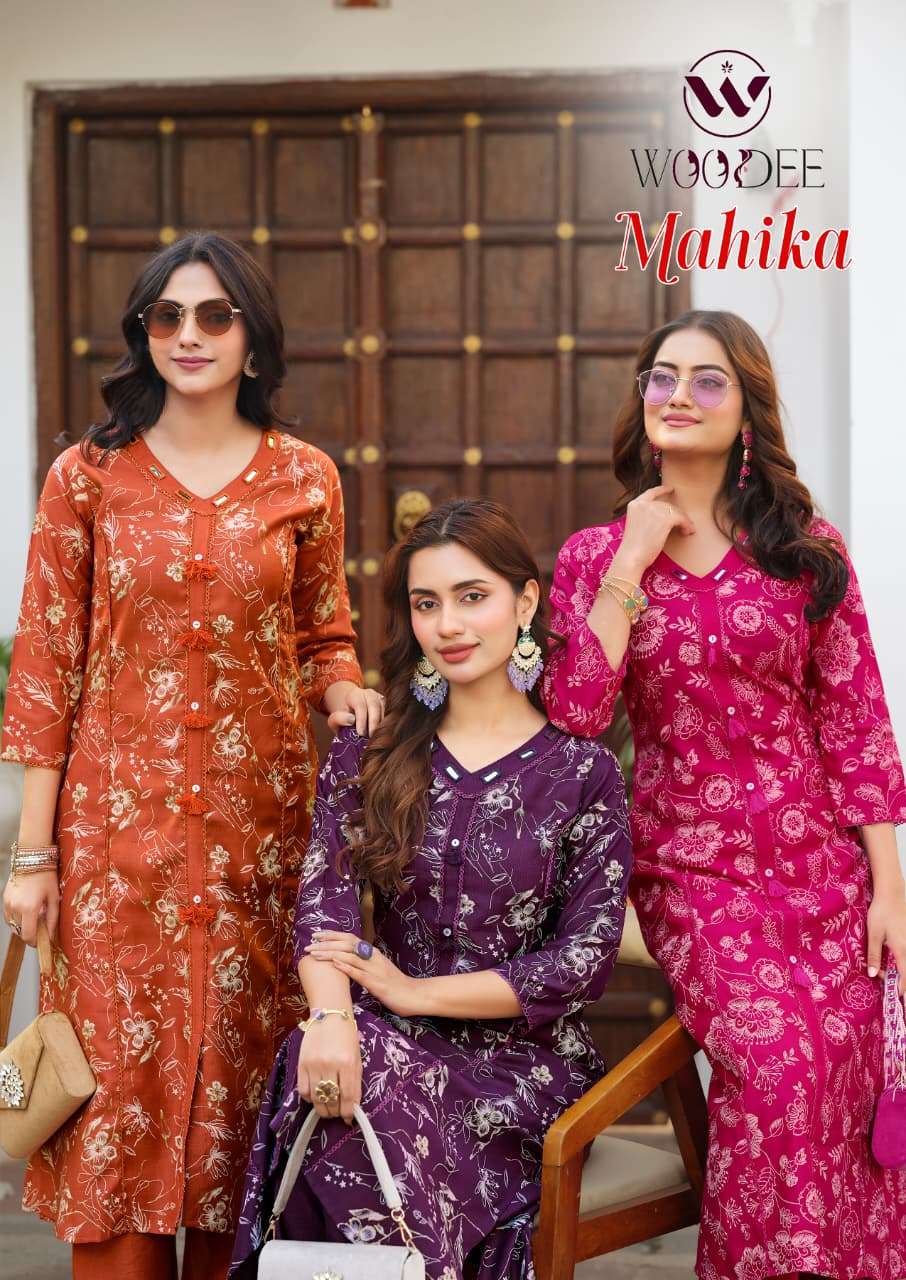  WOODEE MAHIKA VISCOSE PRINT FANCY A LINE STYLE KURTI WITH BOTTOM PAIR 