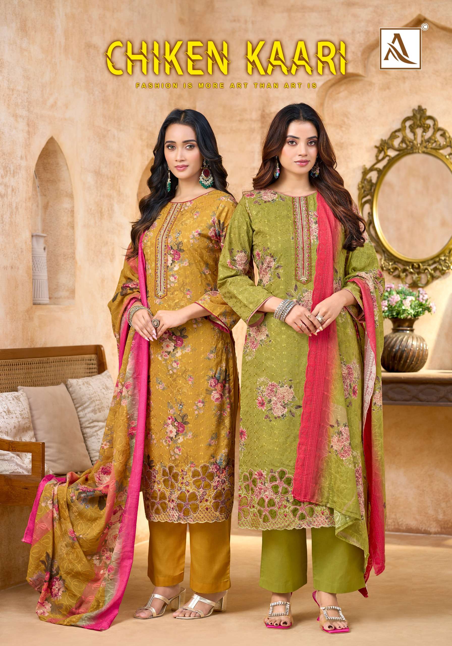 ALOK SUITS CHIKEN KAARI COTTON DIGITAL PRINT WITH FANCY EMBROIDERY WORK SUIT