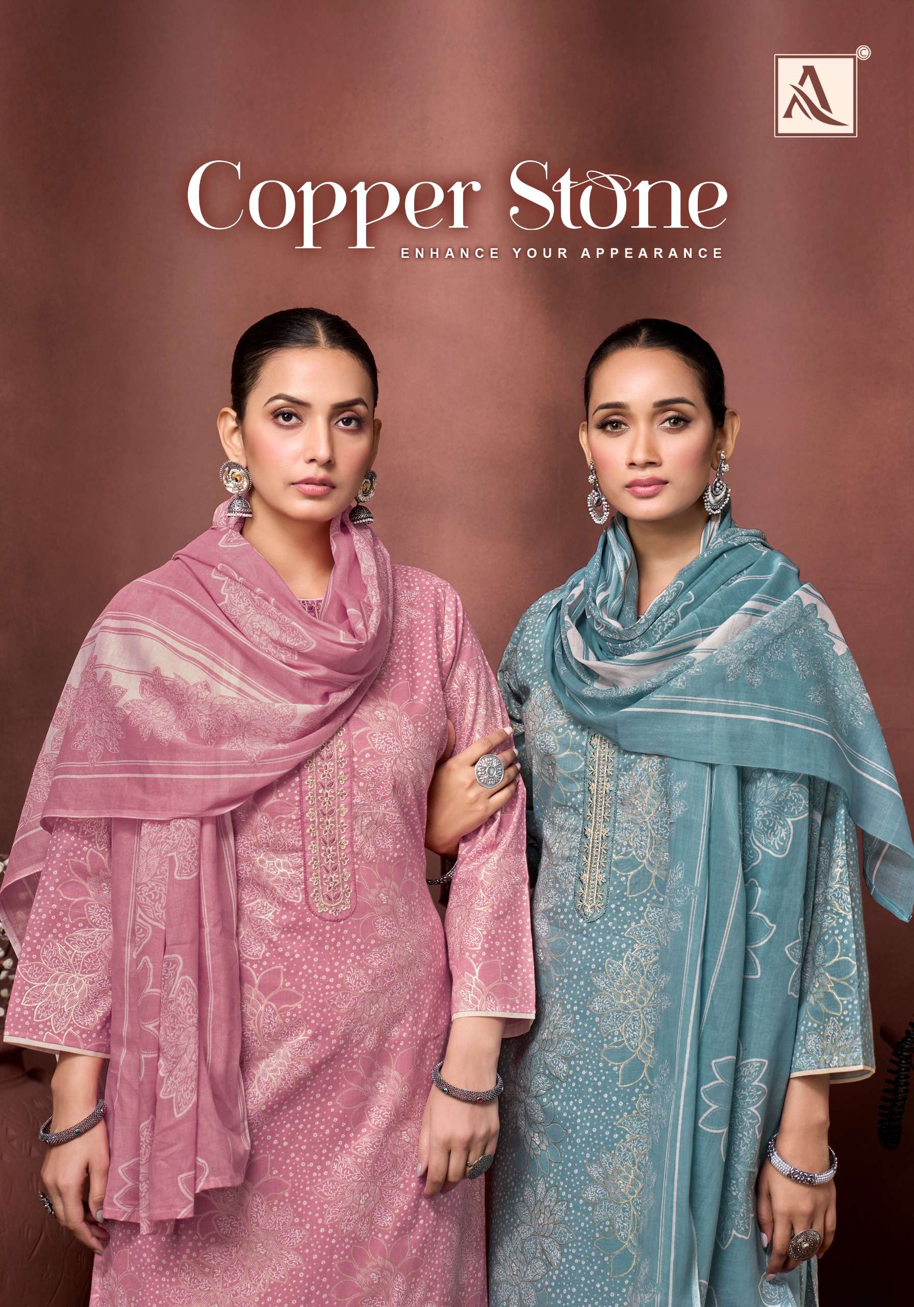 ALOK SUITS COPPER STONE COTTON FOIL PRINT WITH FANCY EMBROIDERY WORK SUIT