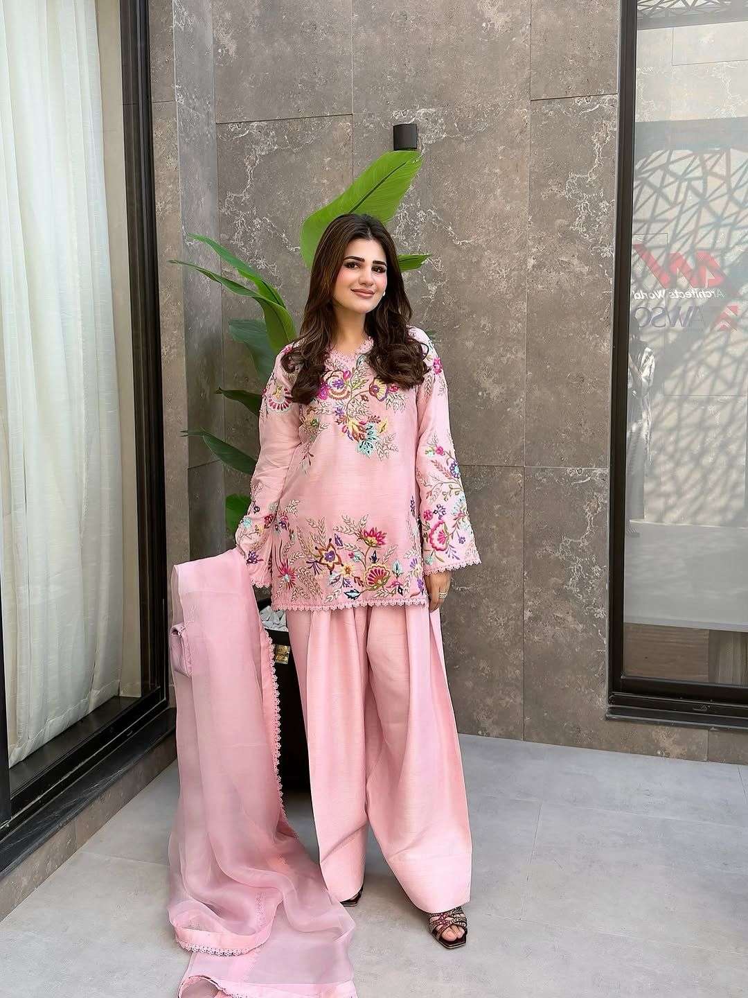 BE 469 SILK EMBROIDERY DESIGNER WORK FARSI SALWAR SUIT WITH DUPATTA SET