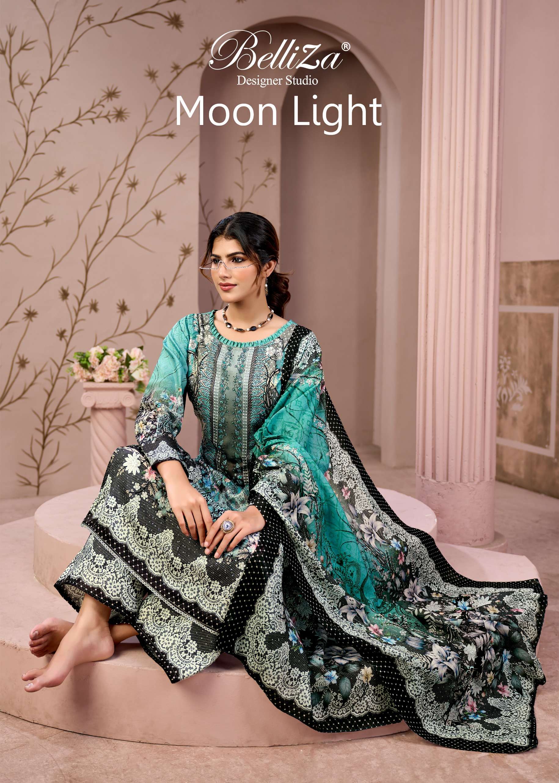 BELLIZA DESIGNER STUDIO MOONLIGHT JAM COTTON PRINT WITH FANCY WORKS SUIT