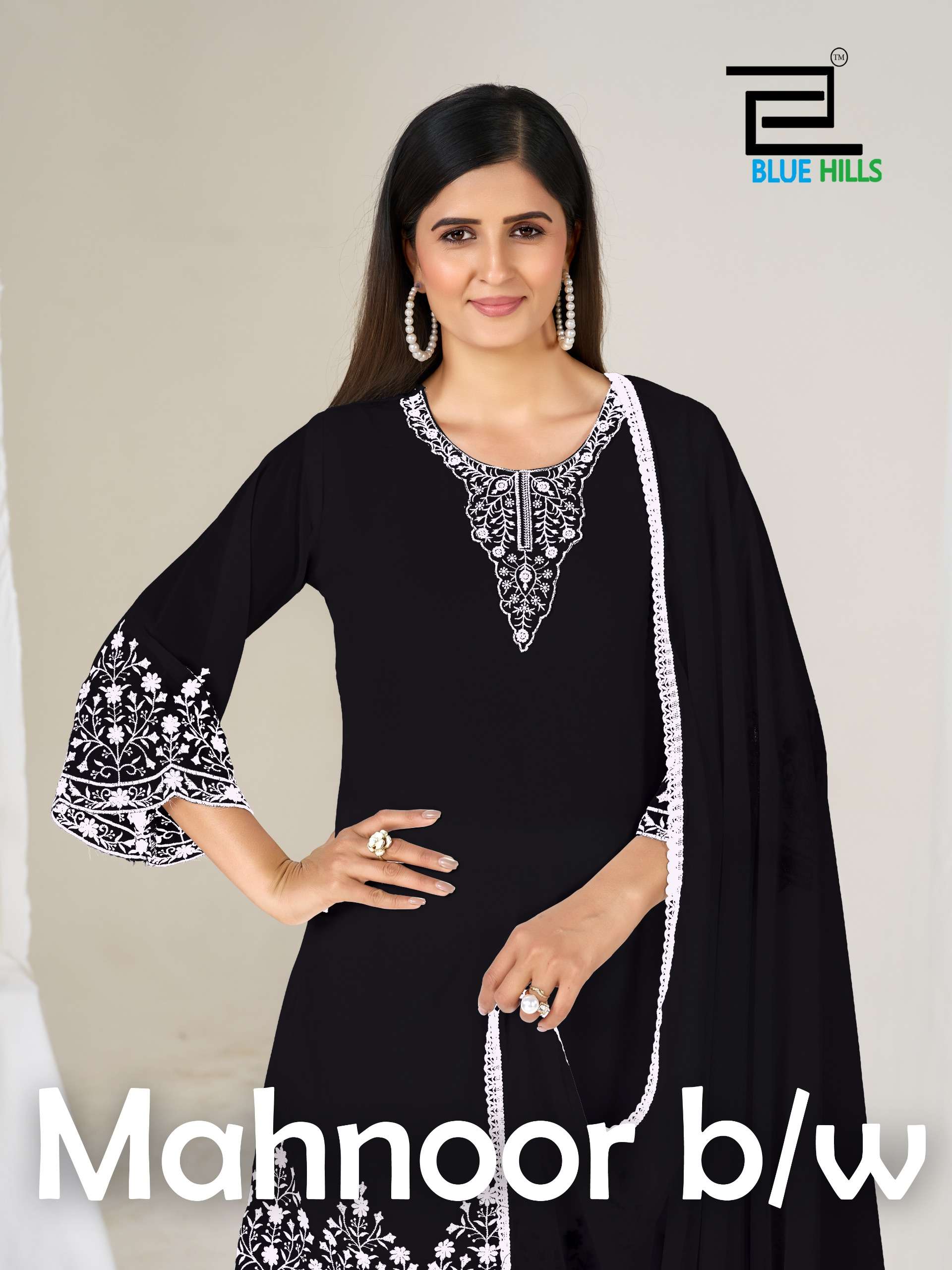 BLUE HILLS MAHNOOR BLACK AND WHITE GEORGETTE FANCY WORK LADIES 3PCS SET COLLECTION 