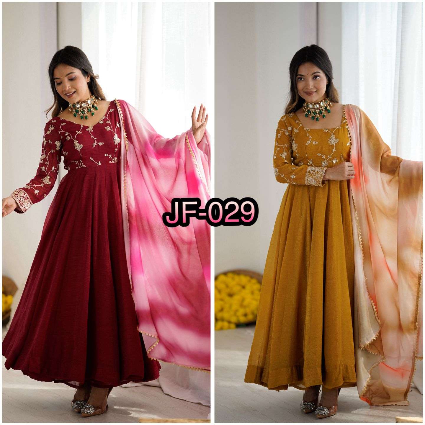 JF 029 SILK SEQUENCE EMBROIDERY DESIGNER WORK GOWN BOTTOM AND DUPATTA SET 