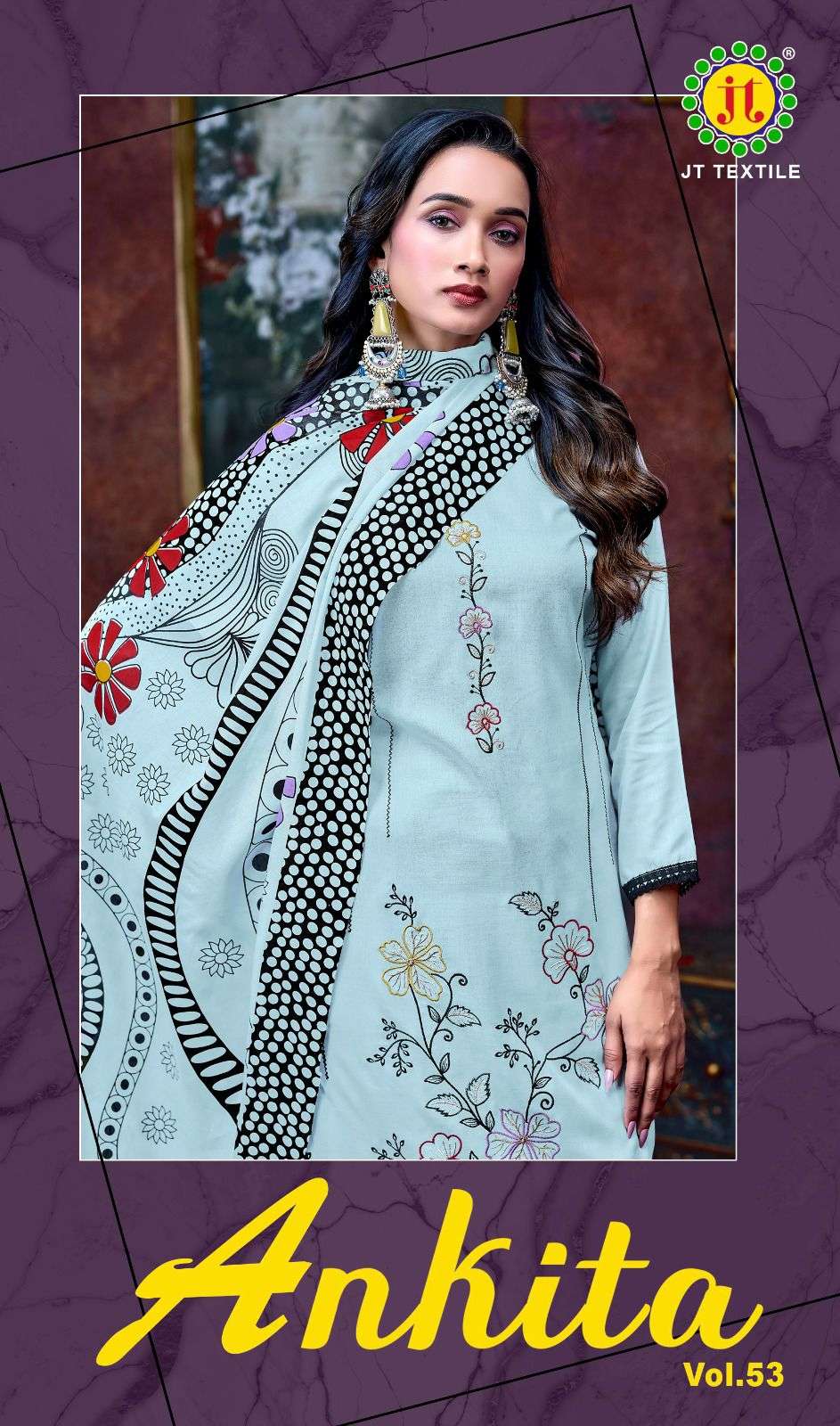 JT ANKITA VOL 53 RAYON PRINTED WITH FANCY WORK SUIT