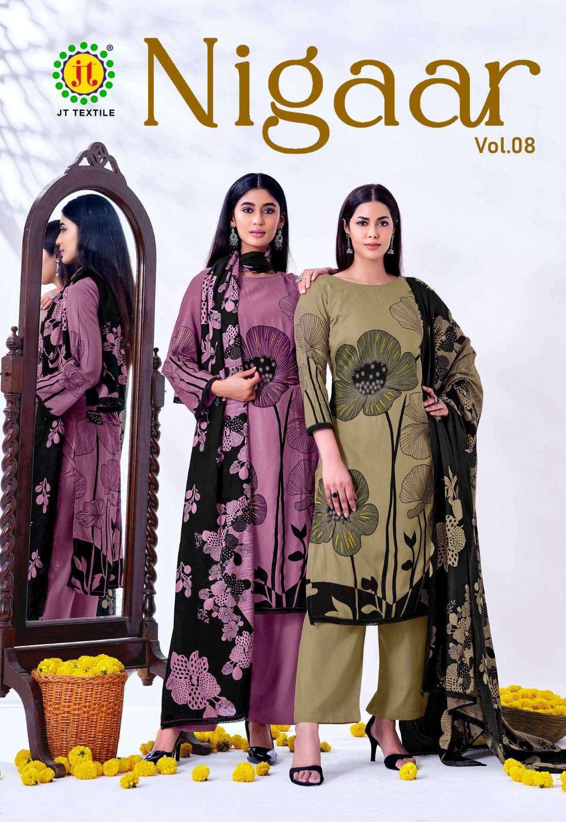 JT NIGAAR VOL 8 RAYON PRINT WITH FANCY LACE WORK SUIT