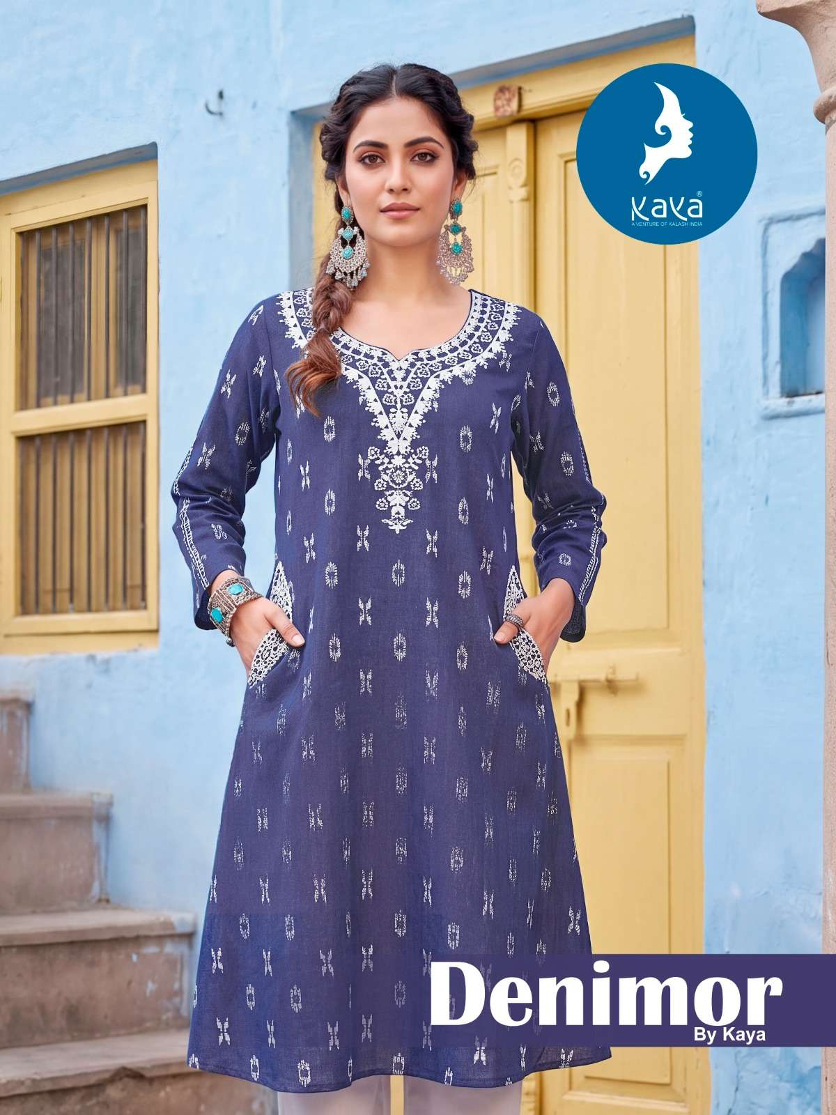 KAYA DENIMOR FANCY WORK LADIES ANARKALI STYLE KURTI WITH BOTTOM PAIR 