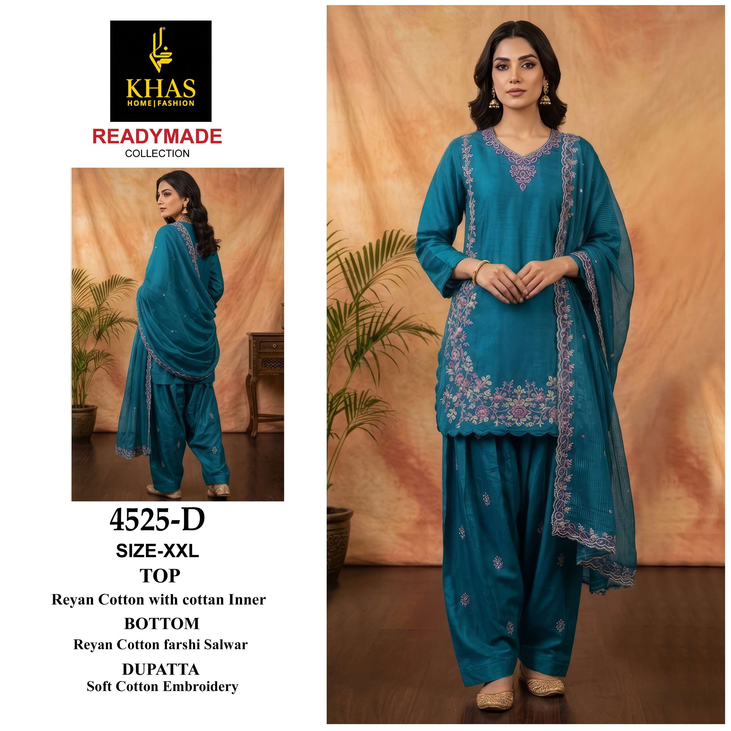 KHAS FASHION D NO 4525 COTTON HEAVY EMBROIDERY DESIGNER READY MADE SUIT