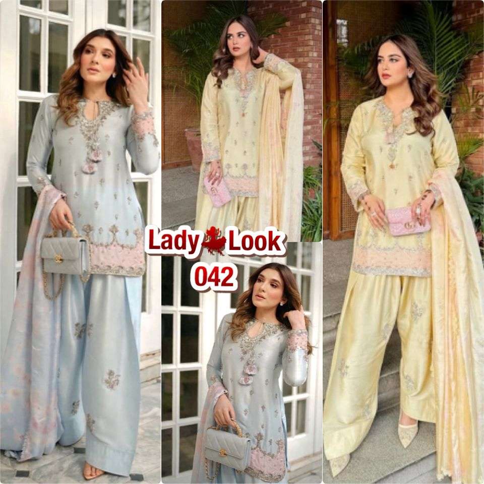 LADY LOOK 042 SATIN SILK SEQUENCE EMBROIDERY DESIGNER WORK FUNCTION WEAR LADIES SUIT